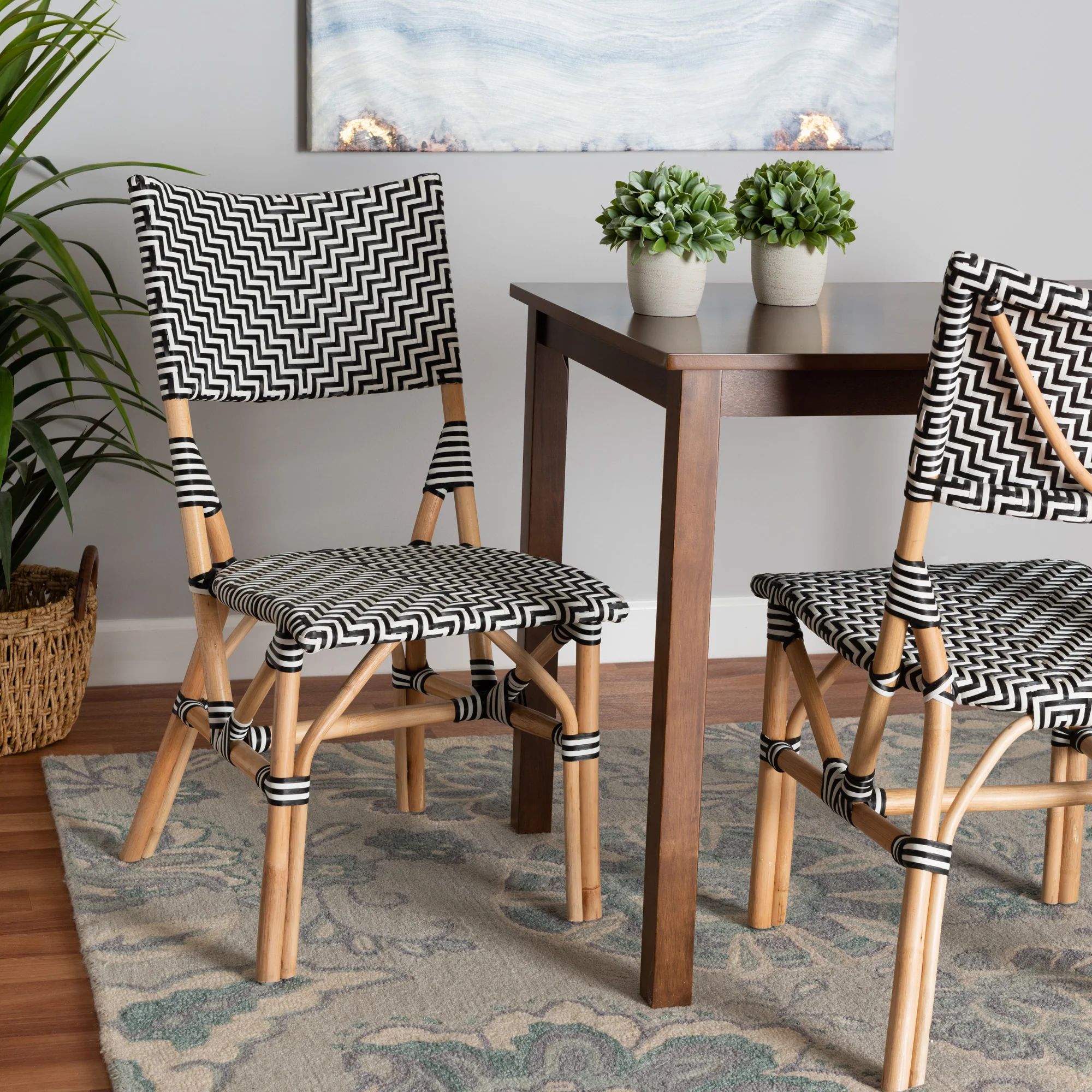 Baxton Studio bali & pari Wagner Modern French Black and White Weaving and Natural Rattan Bistro Chair