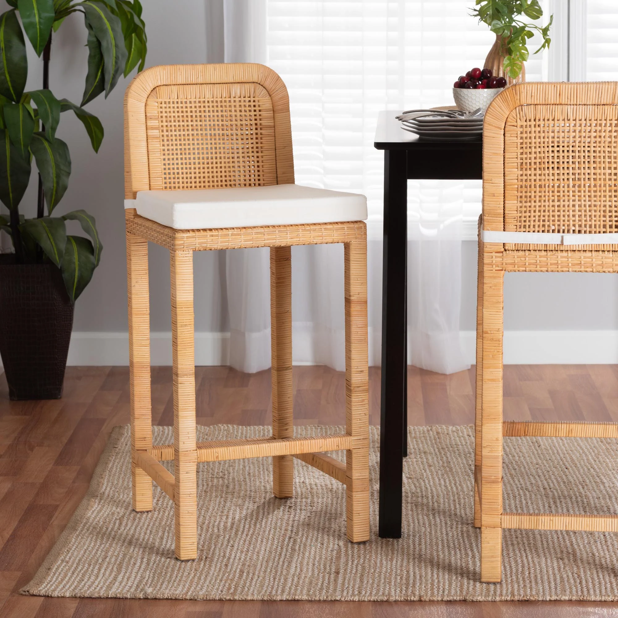 Baxton Studio bali & pari Zariah Modern Bohemian Natural Brown Rattan and Mahogany Wood Bar Stool