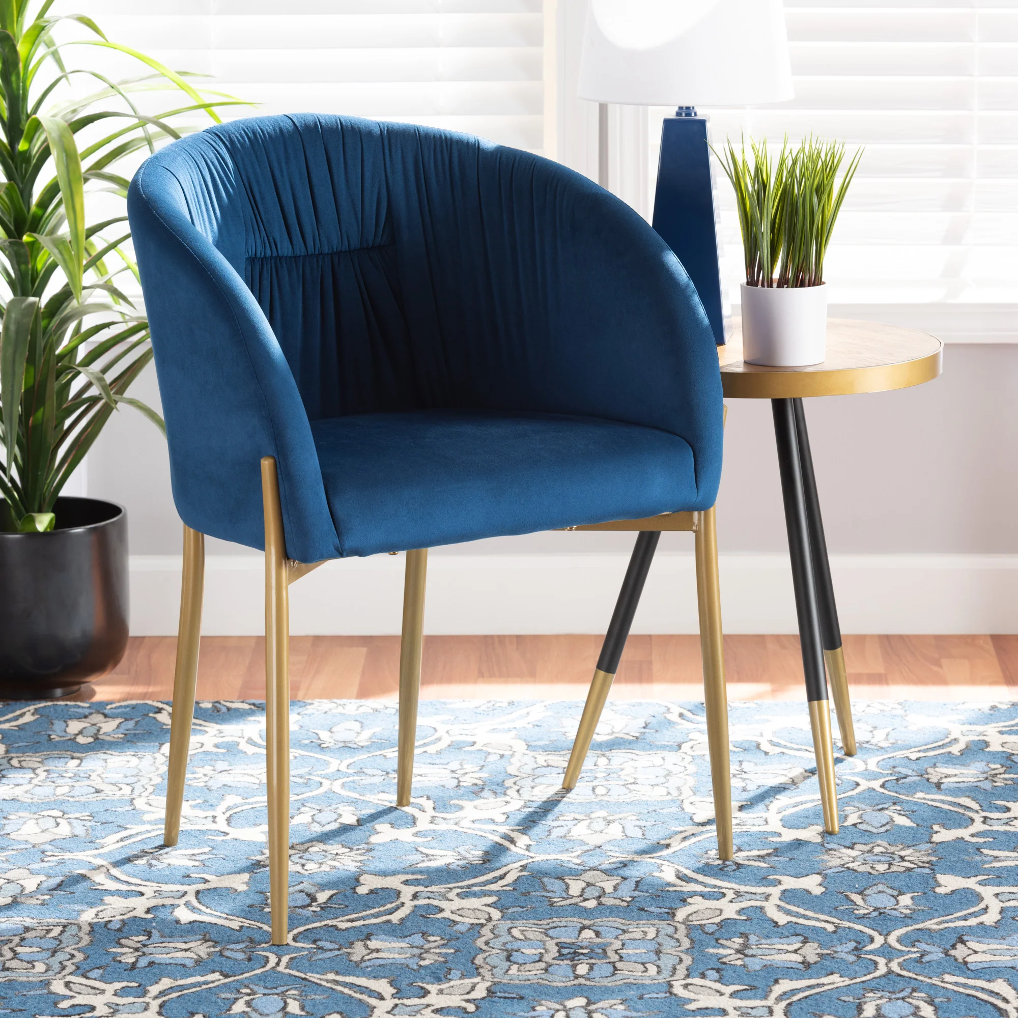 Baxton Studio Ballard Modern Luxe and Glam Navy Blue Velvet Fabric Upholstered and Gold Finished Metal Dining Chair