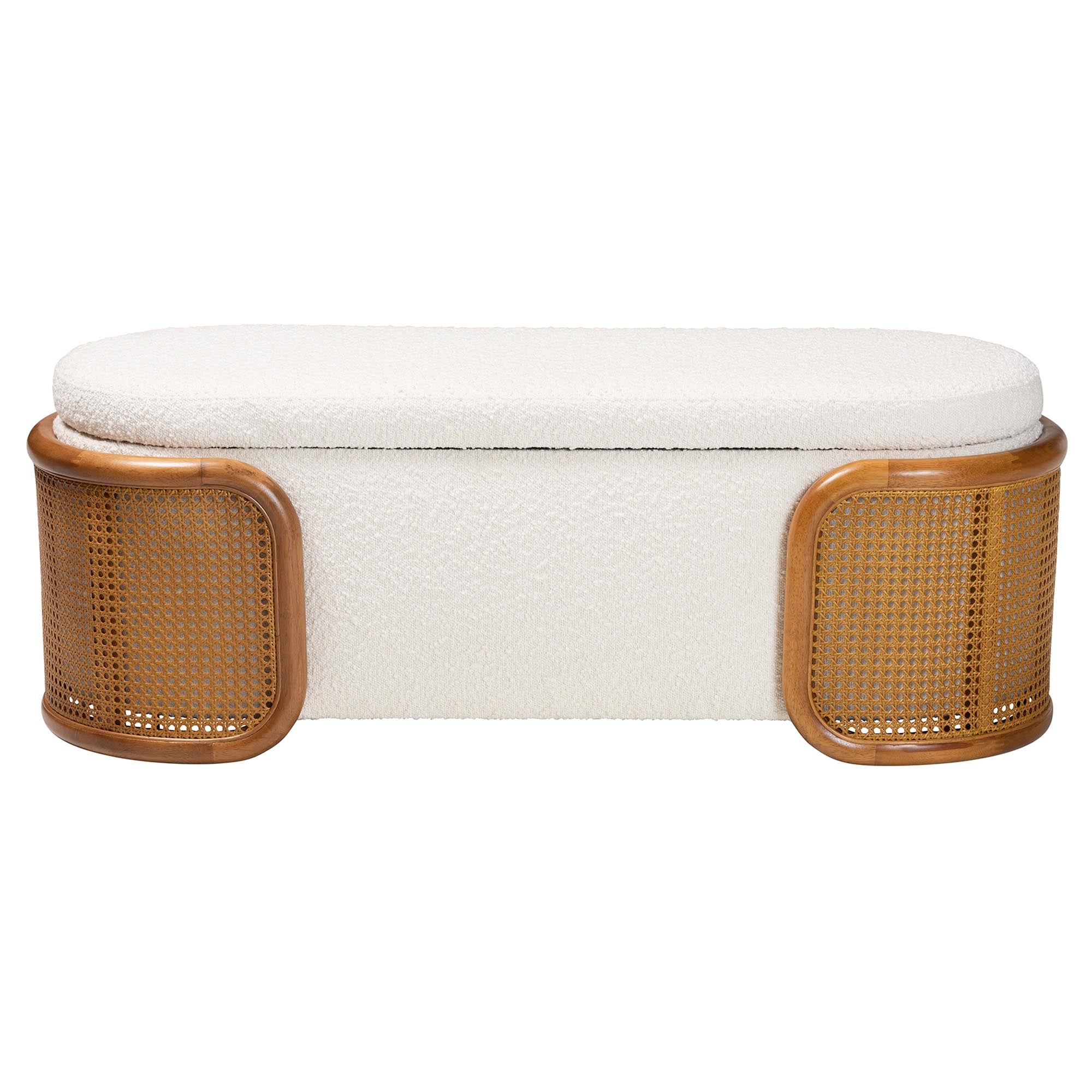 Baxton Studio Basira Japandi Cream Boucle Fabric Storage Bench with Woven Rattan - Image 7