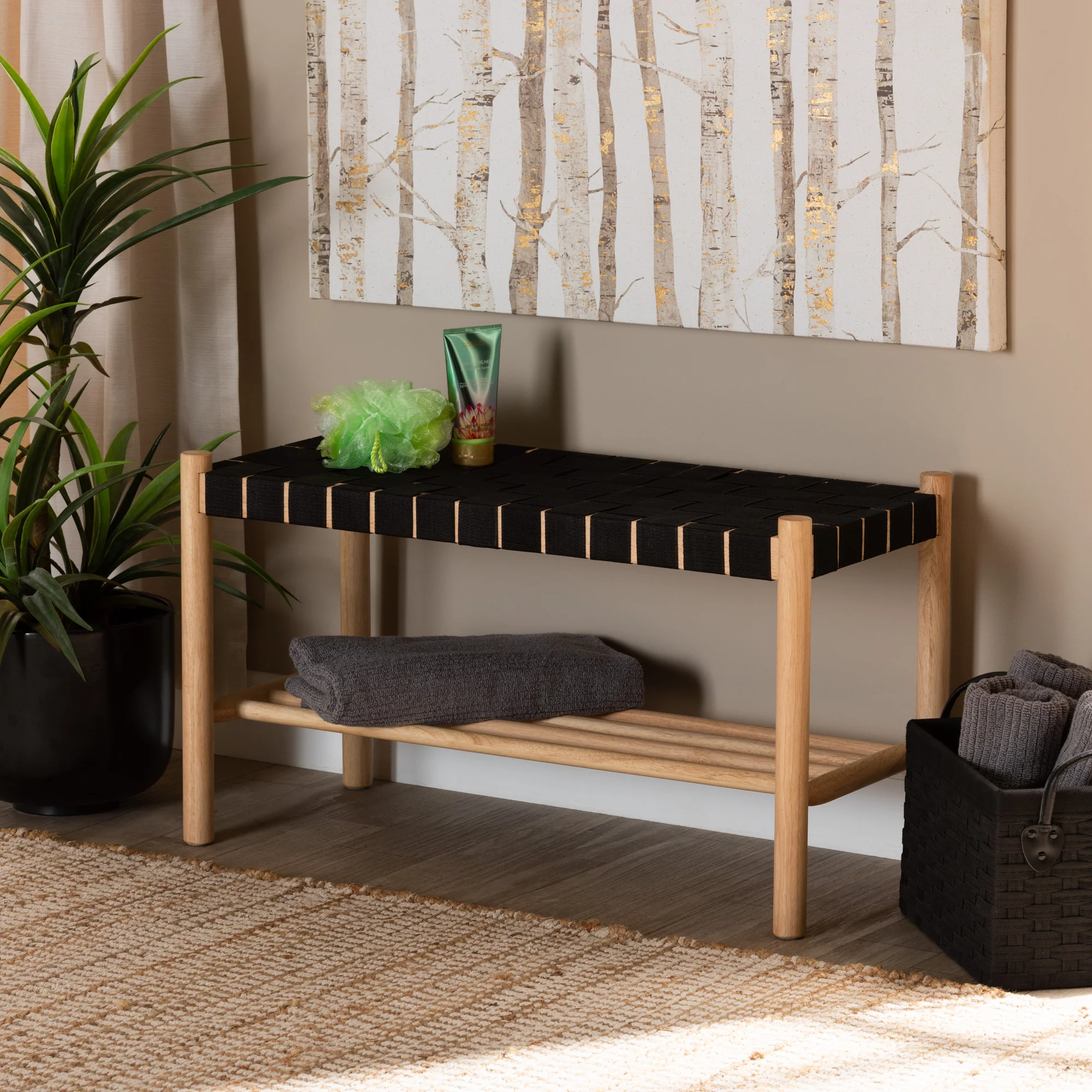 Baxton Studio Cadmus Rustic Mid-Century Modern Black and Oak Brown Finished Wood Bench