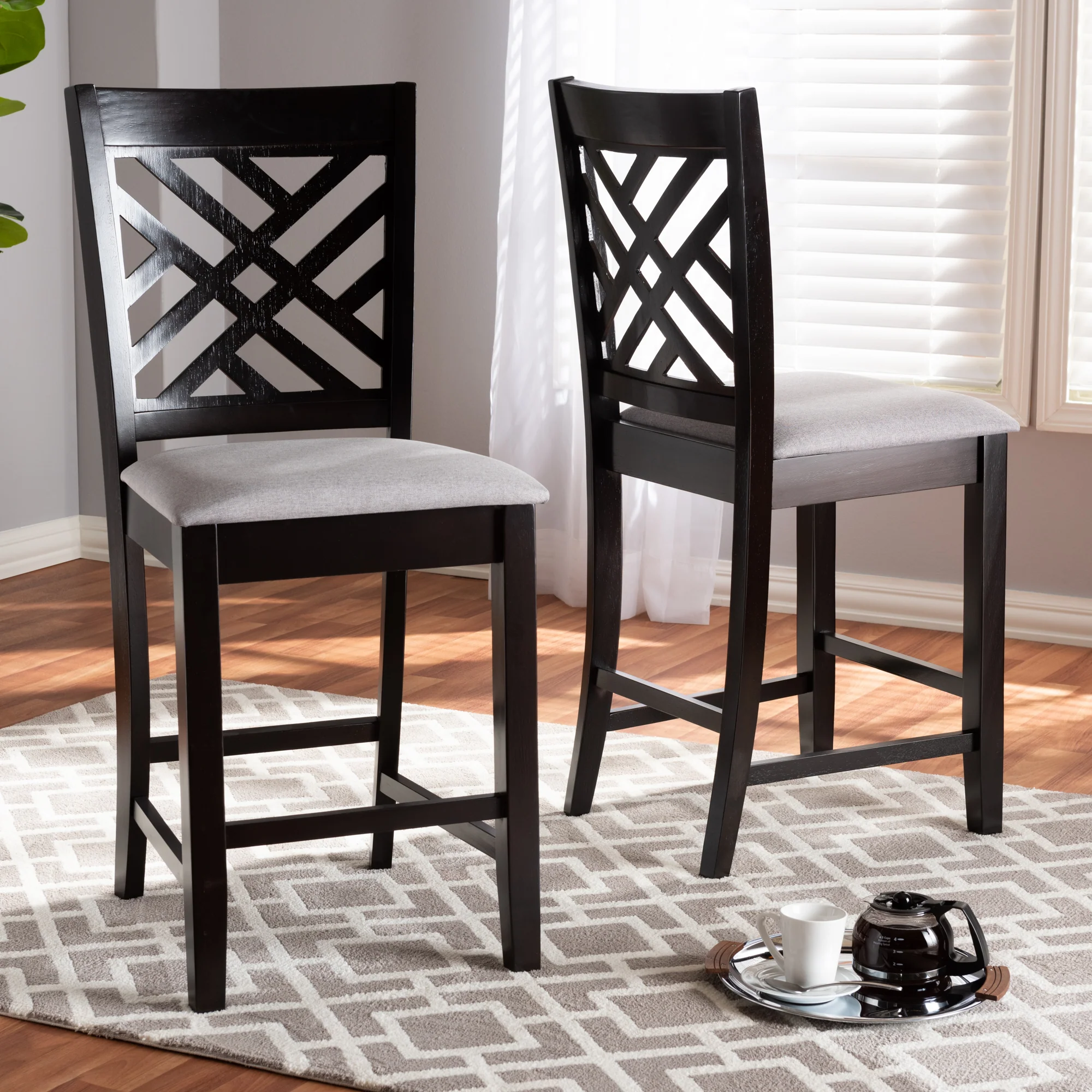 Baxton Studio Caron Modern and Contemporary Gray Fabric Upholstered Espresso Brown Finished Wood Counter Height Pub Chair Set of 2