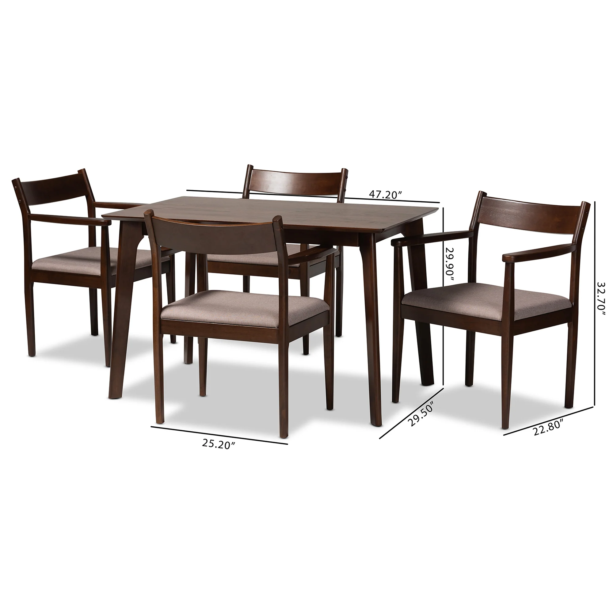Baxton Studio Coretta Mid-Century Modern Warm Grey Fabric and Dark Brown Finished Wood 5-Piece Dining Set - Image 3