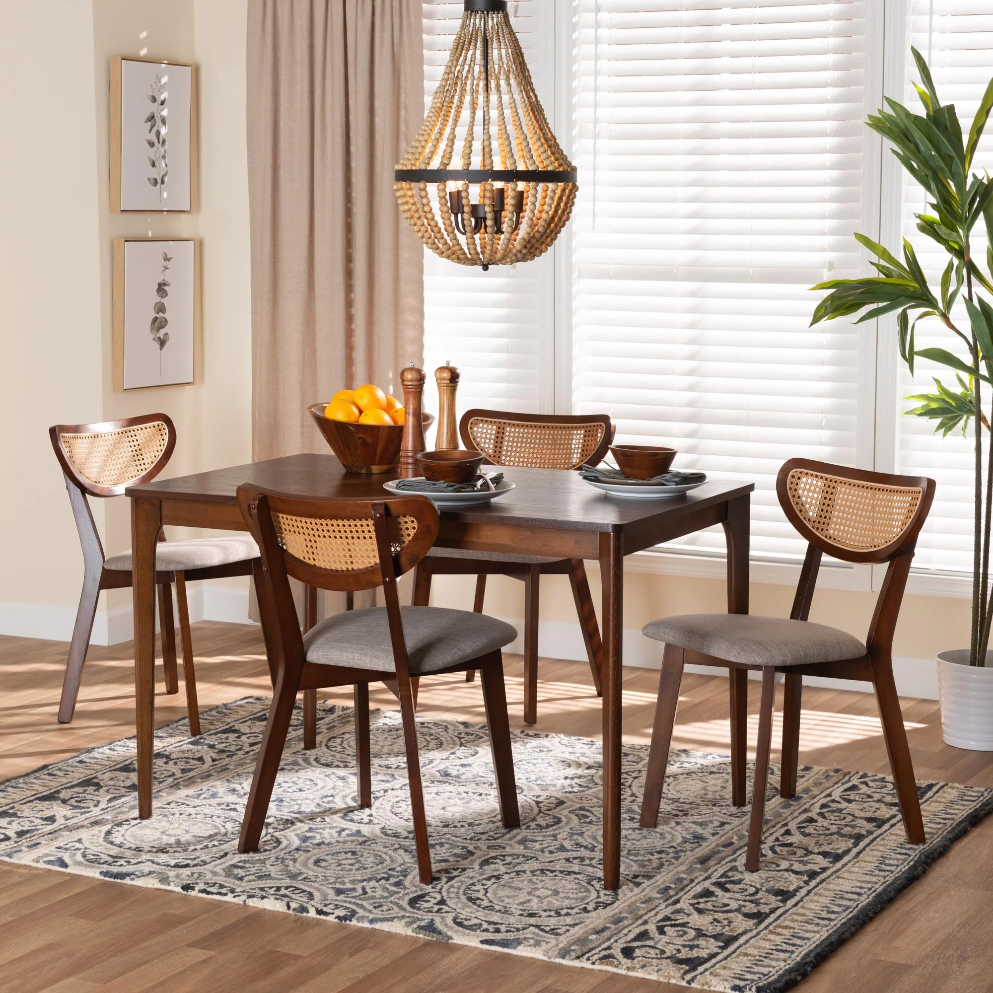 Baxton Studio Dannell Mid-Century Modern Grey Fabric and Walnut Brown Finished Wood 5-Piece Dining Set