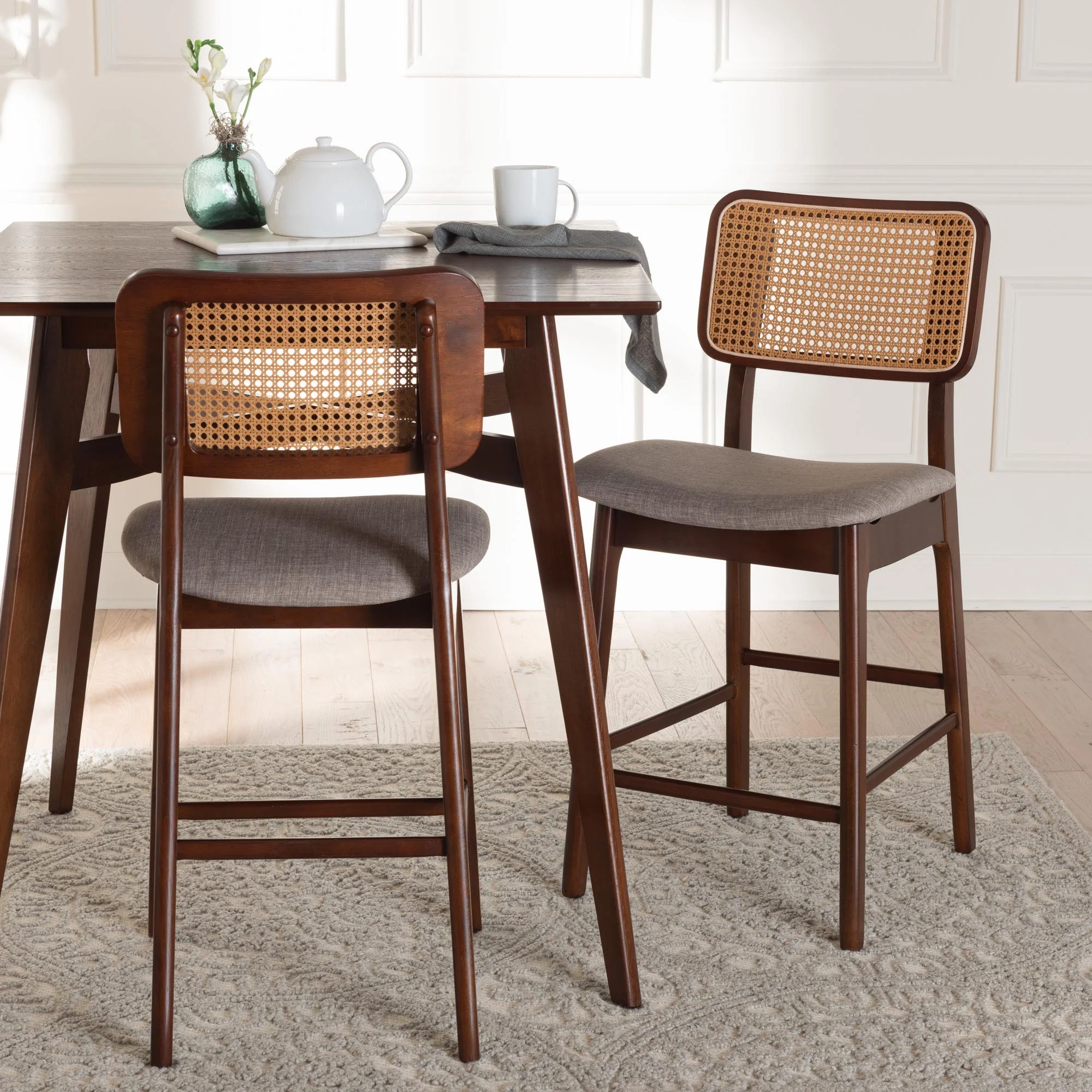 Baxton Studio Dannon Mid-Century Modern Grey Fabric and Walnut Brown Finished Wood 2-Piece Counter Stool Set