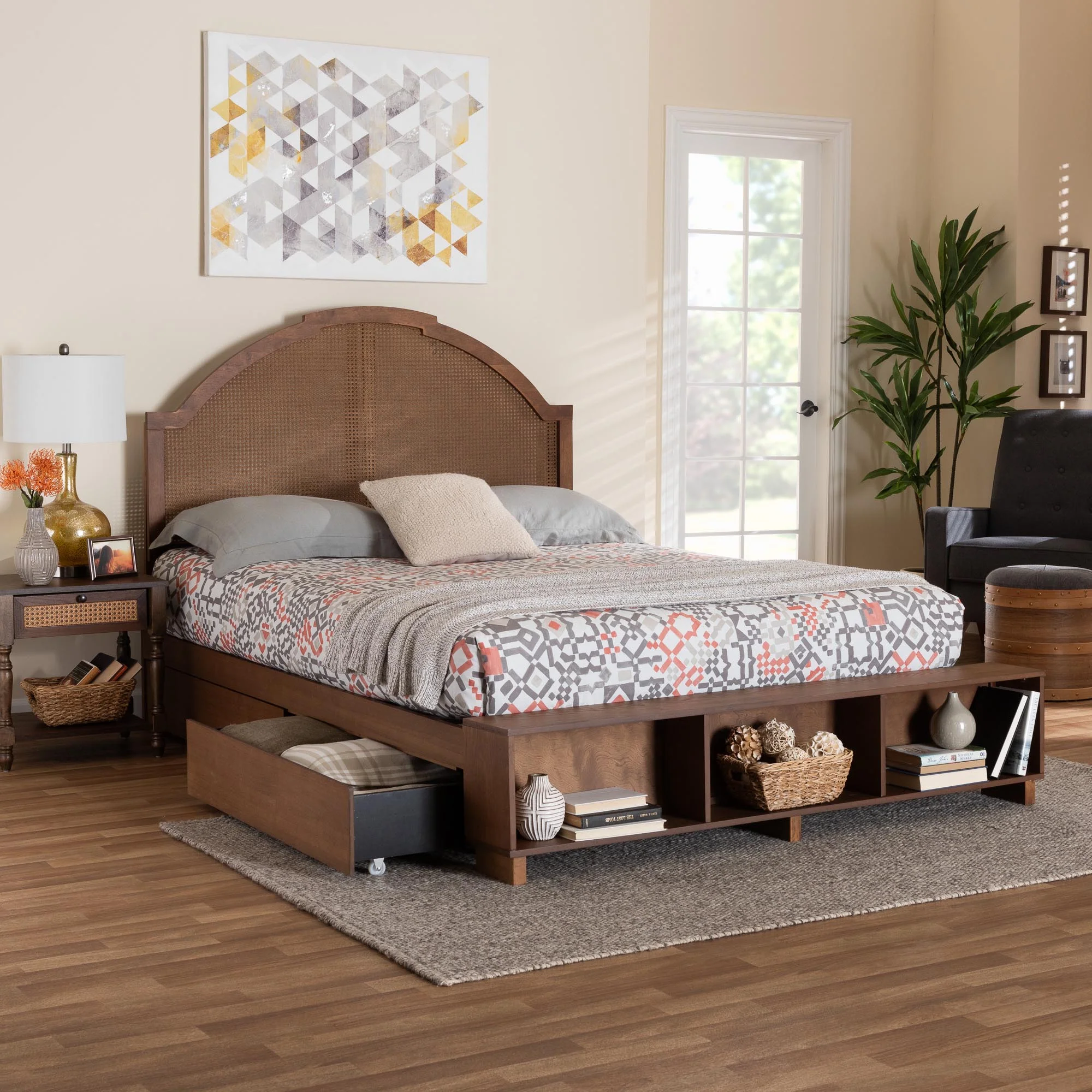 Baxton Studio Darcila Mid-Century Walnut Brown Wood and Rattan Queen Size Storage Bed - Image 4