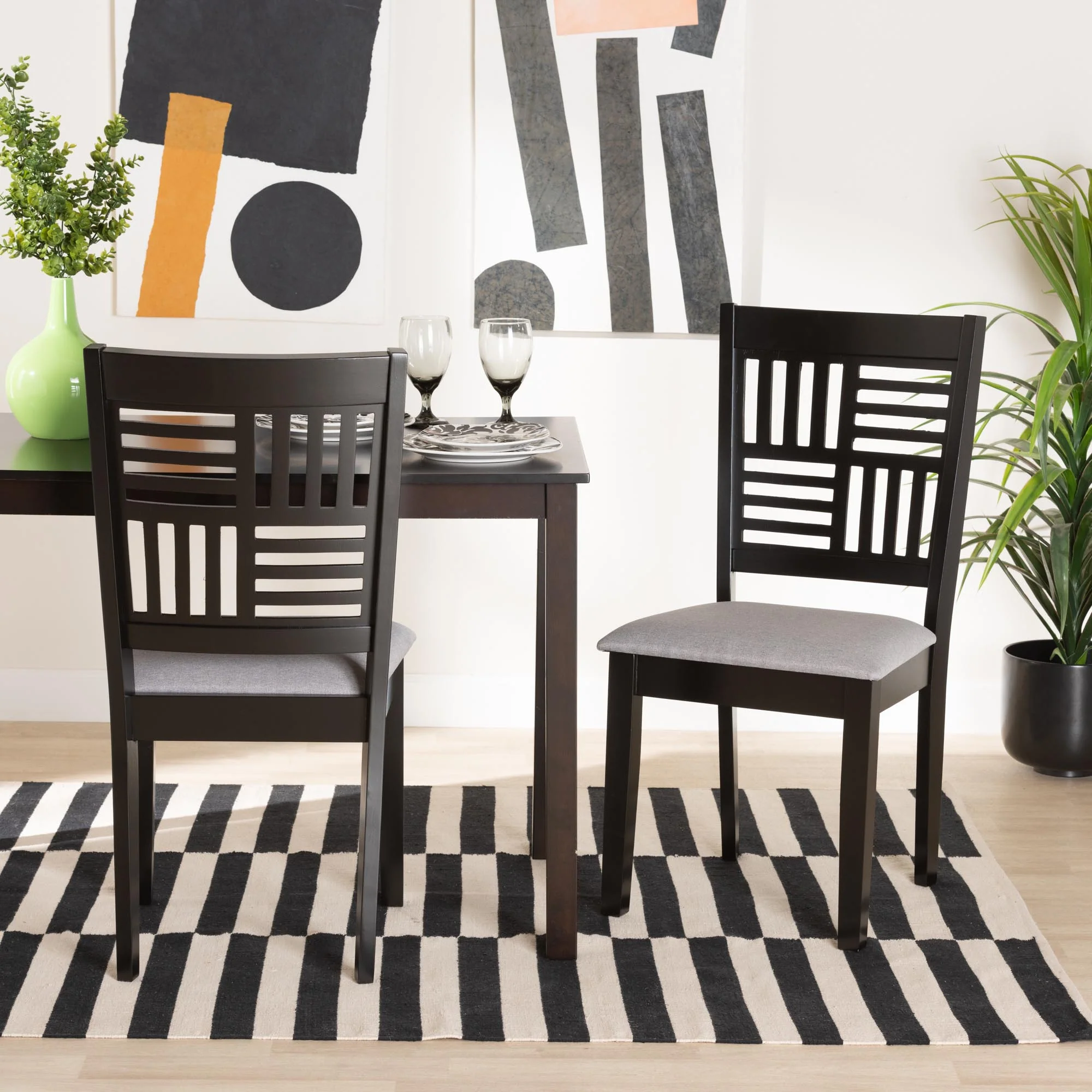 Baxton Studio Deanna Modern Grey Fabric and Dark Brown Finished Wood 2-Piece Dining Chair Set