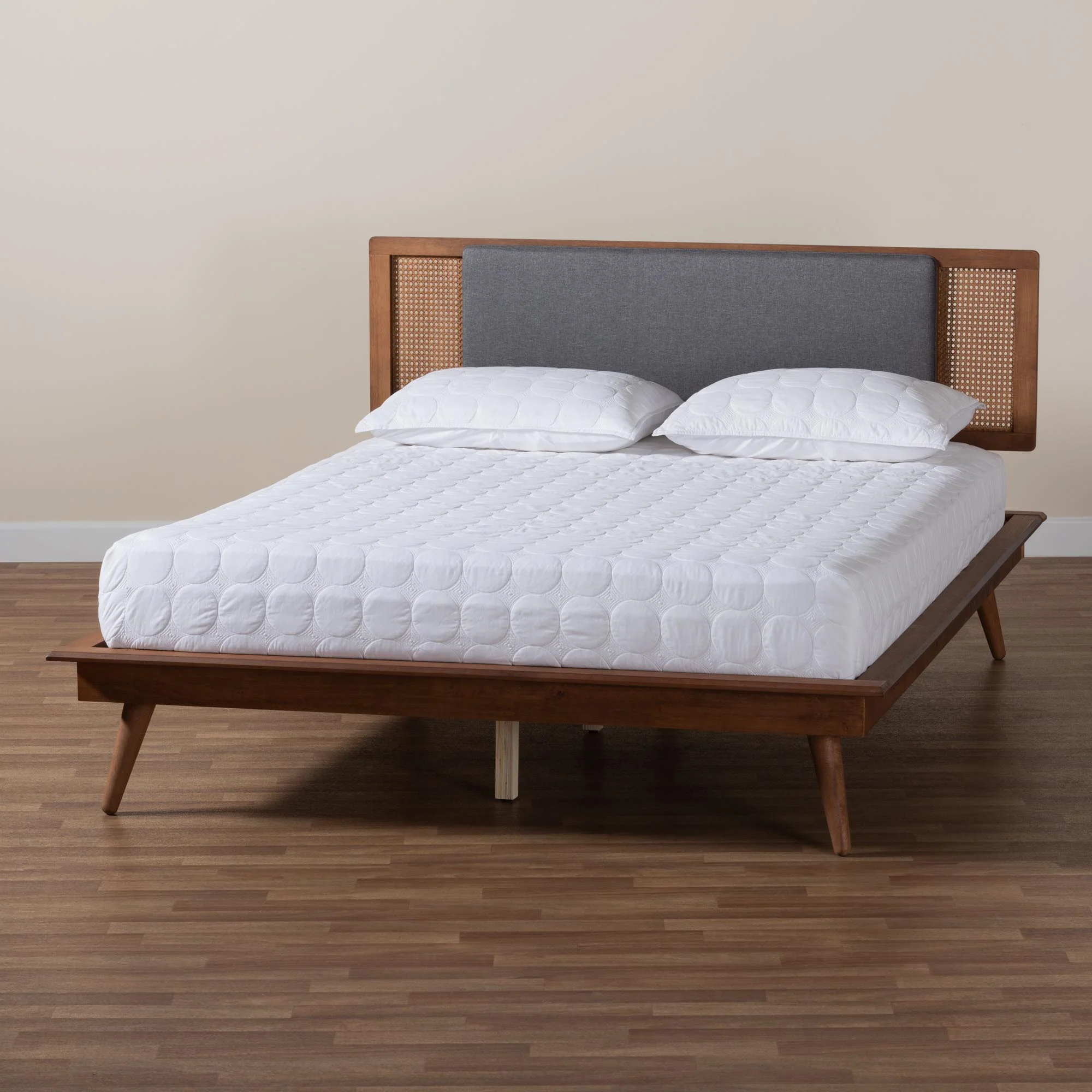 Baxton Studio Delfina Mid-Century Modern Dark Grey Fabric and Walnut Brown Finished Wood Queen Size Platform Bed - Image 2