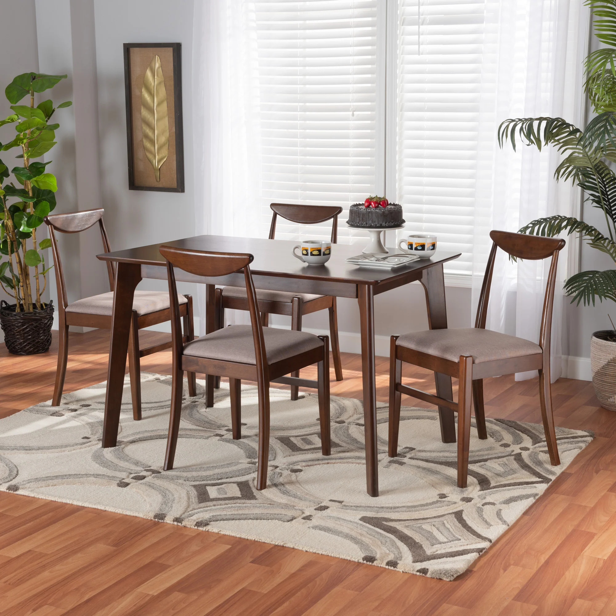 Baxton Studio Delphina Mid-Century Modern Warm Grey Fabric and Dark Brown Finished Wood 5-Piece Dining Set