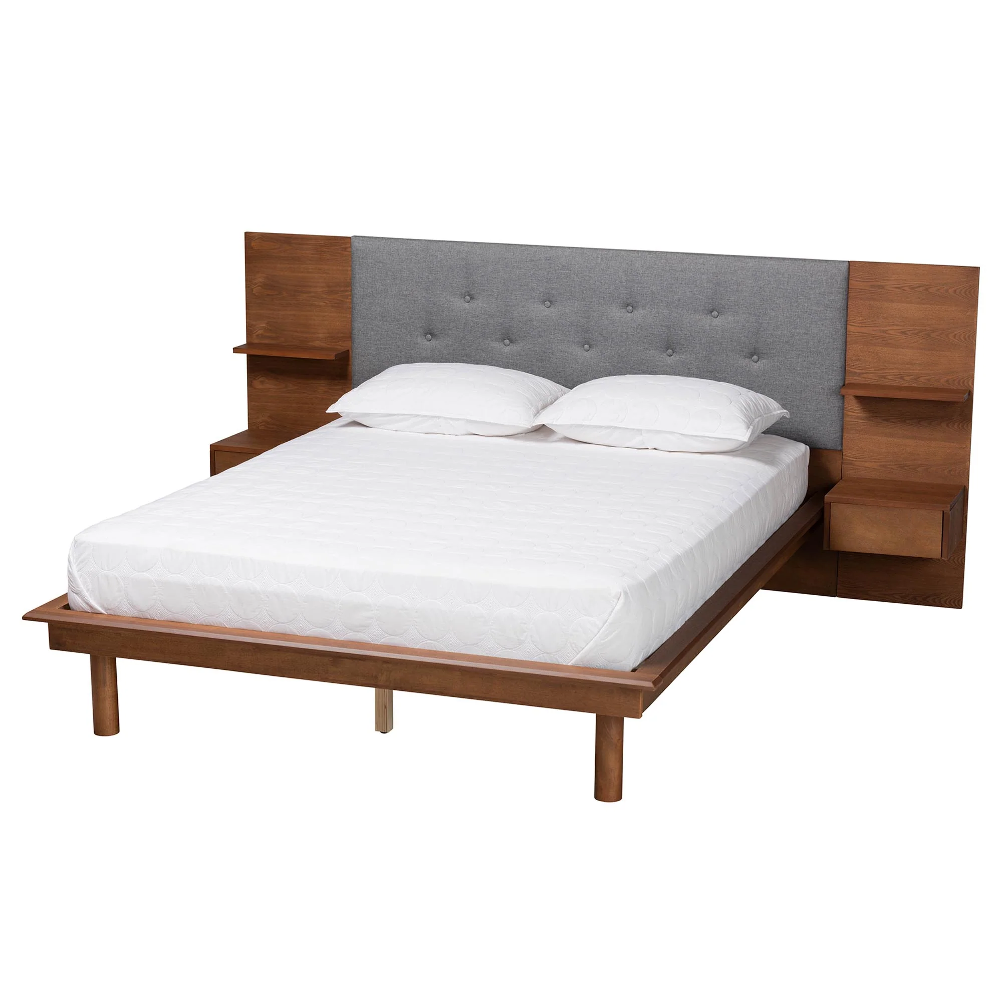 Baxton Studio Eliana Mid-Century Modern Transitional Grey Fabric and Ash Walnut Finished Wood King Size Platform Storage Bed with Built-In Nightstands - Image 2