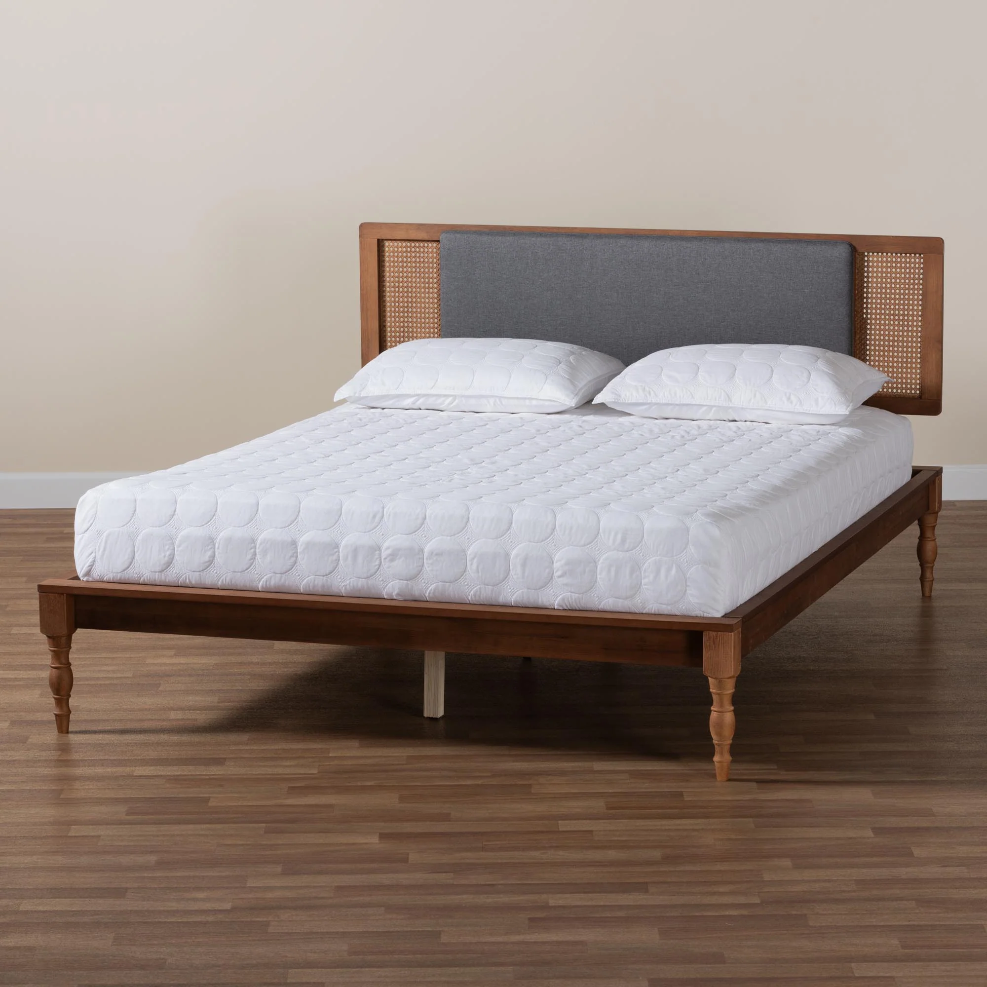 Baxton Studio Eliseo Mid-Century Modern Dark Grey Fabric and Walnut Brown Finished Wood King Size Platform Bed - Image 2