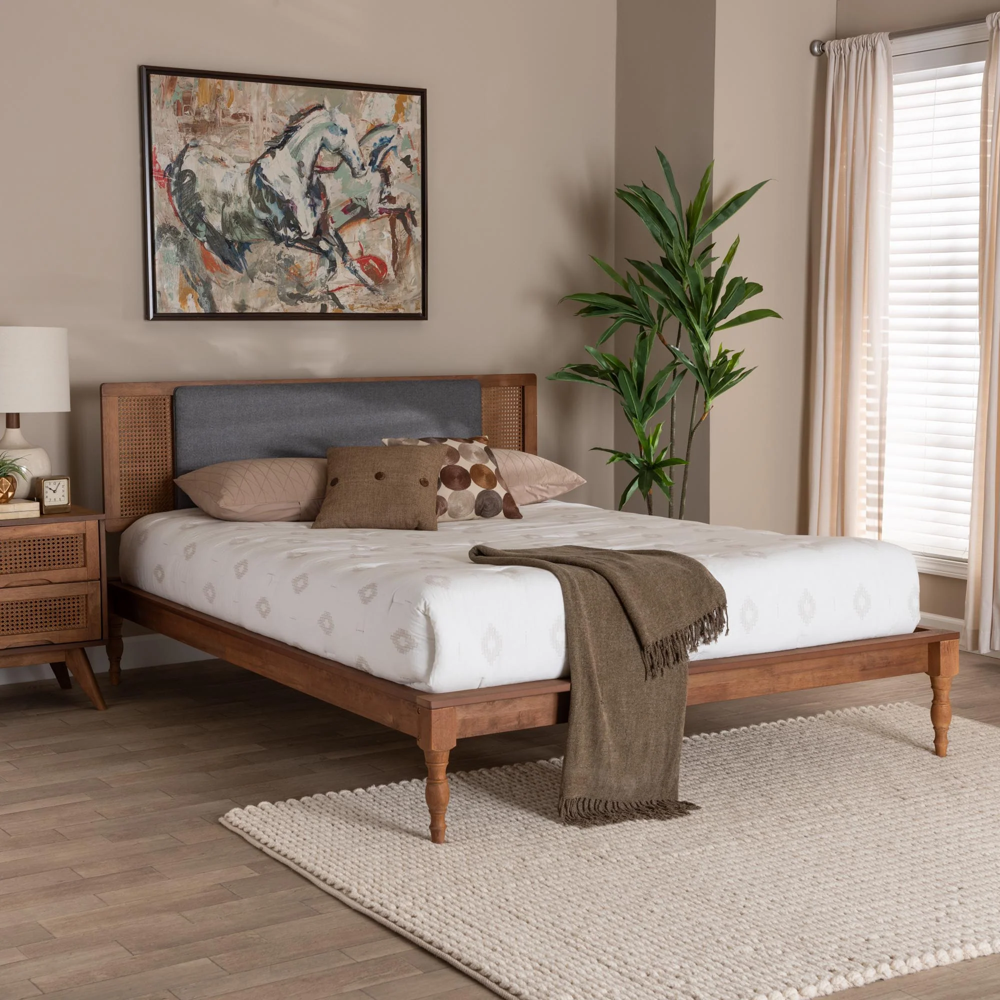Baxton Studio Eliseo Mid-Century Modern Dark Grey Fabric and Walnut Brown Finished Wood Queen Size Platform Bed