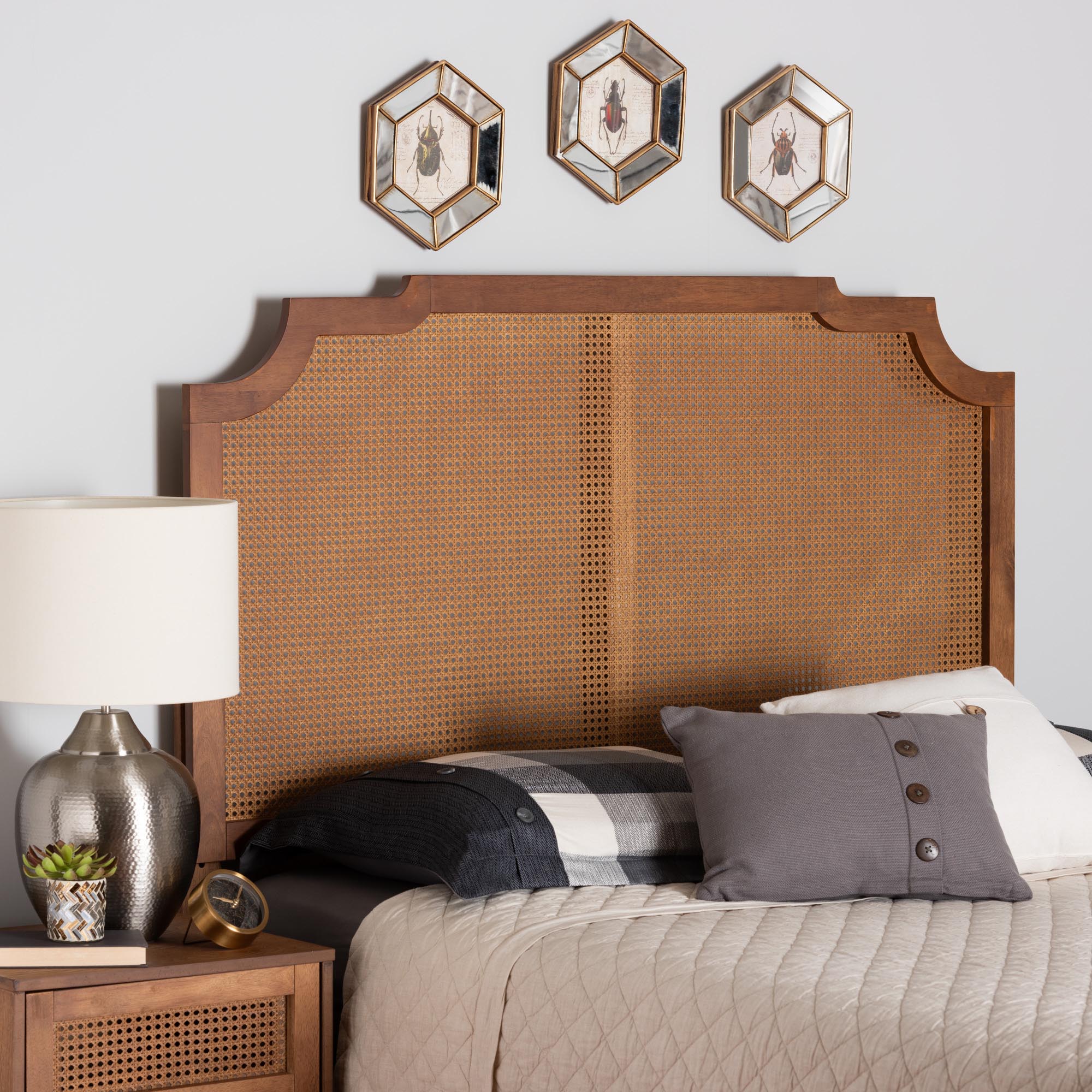 Baxton Studio Fortuna Classic and Traditional Ash Walnut Finished Wood King Size Headboard with Rattan