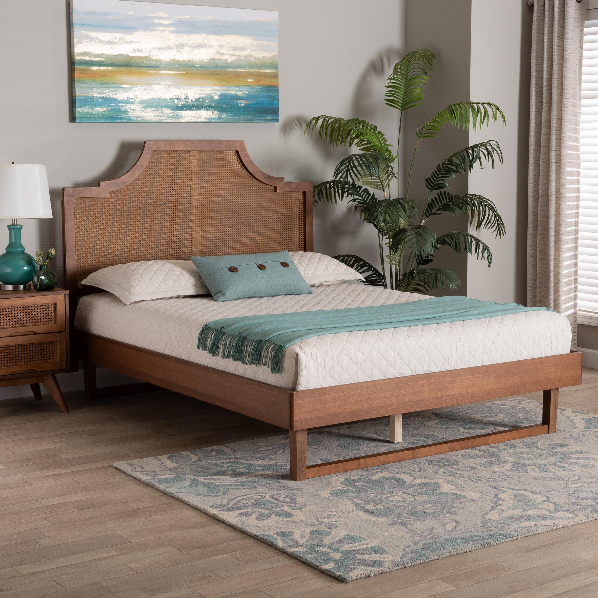Baxton Studio Francine Mid-Century Modern Ash Walnut Woven Rattan Queen Size Bed
