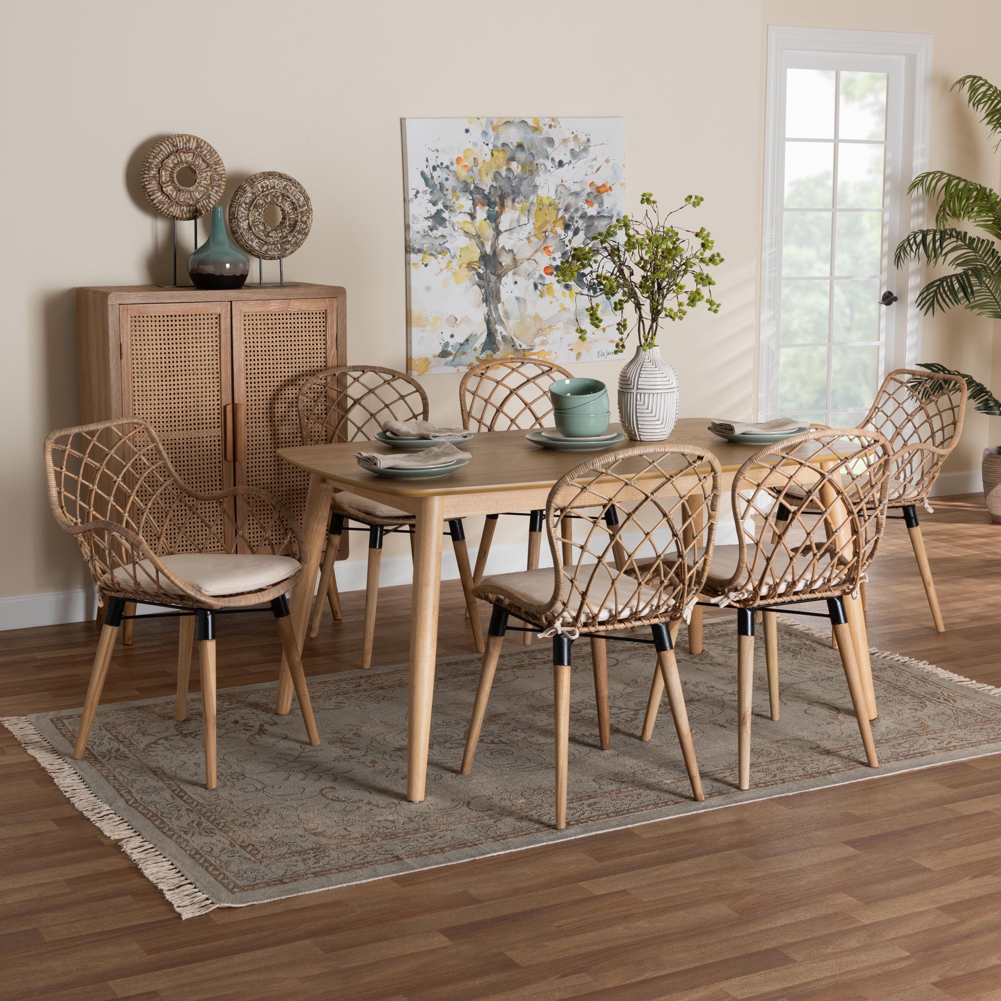 Baxton Studio Gedali Modern Bohemian Greywashed Rattan and Natural Brown Finished Wood 7-Piece Dining Set
