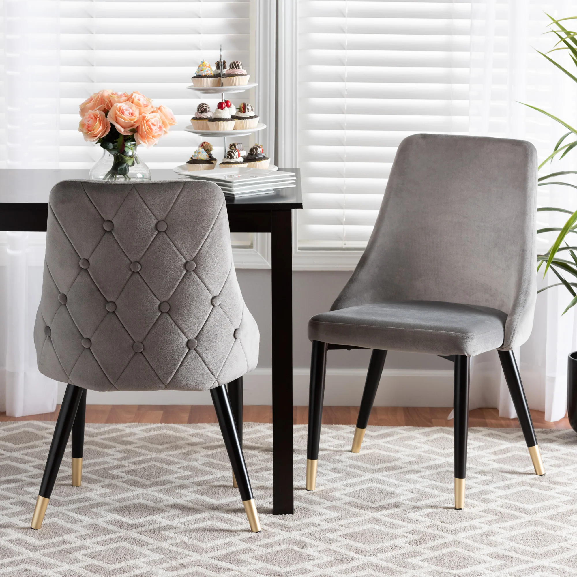 Baxton Studio Giada Contemporary Glam and Luxe Grey Velvet Fabric and Dark Brown Finished Wood 2-Piece Dining Chair Set