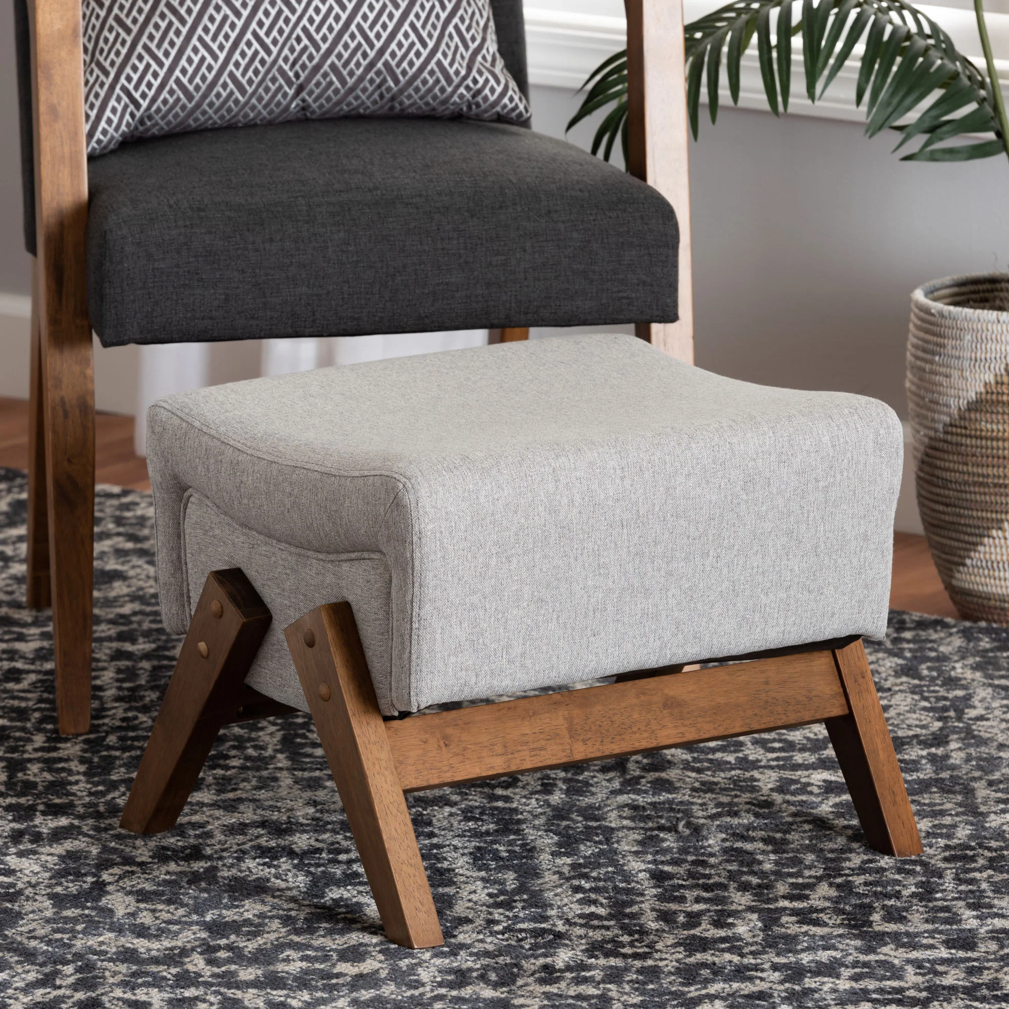 Baxton Studio Hanson Mid-Century Modern Light Grey Fabric and Walnut Brown Finished Wood Ottoman