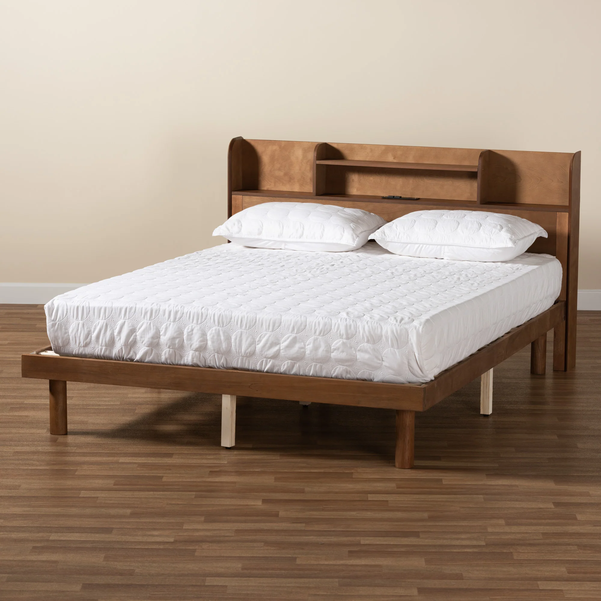 Baxton Studio Harper Mid-Century Modern Transitional Walnut Brown Finished Wood Full Size Platform Bed with Charging Station - Image 9