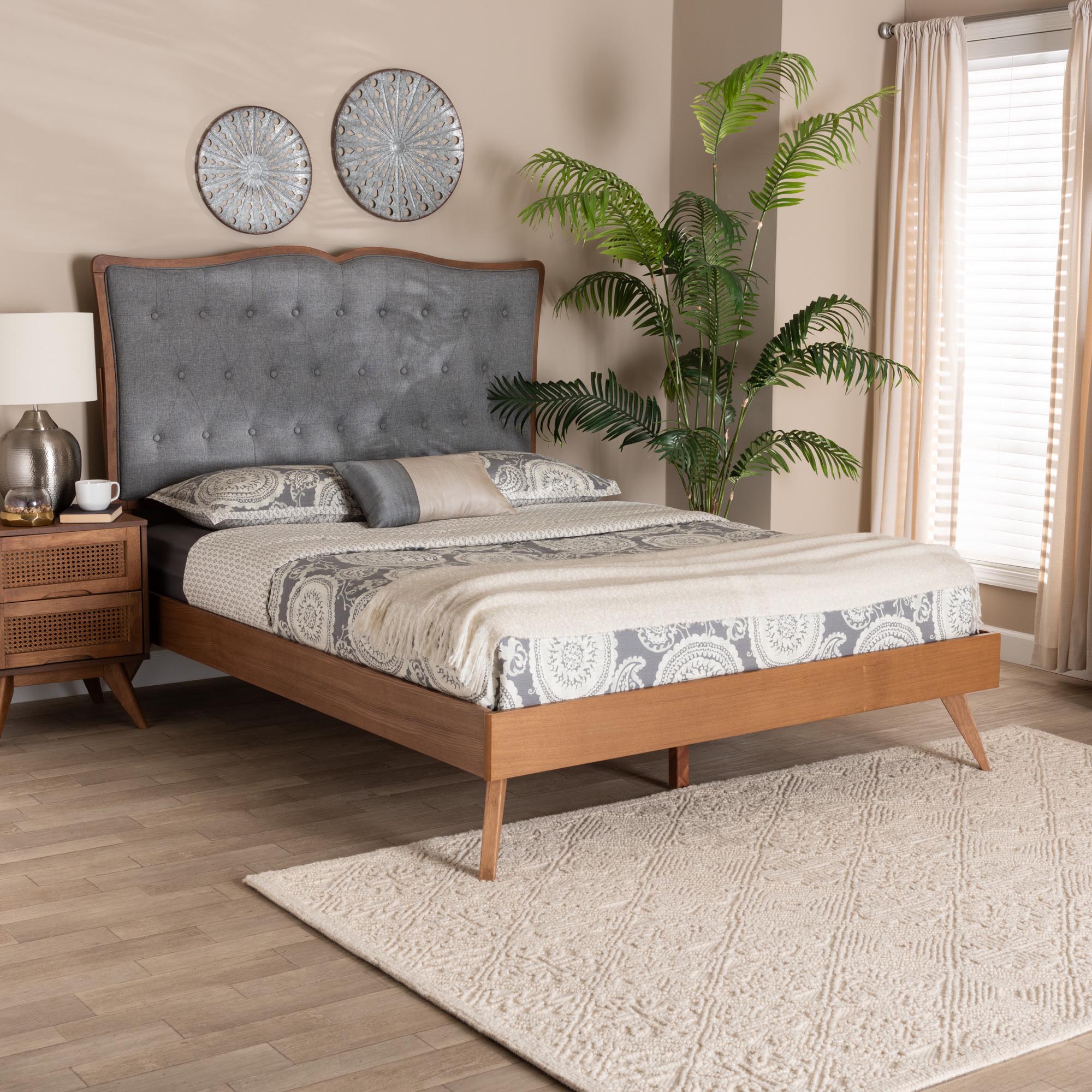 Baxton Studio Hawthorn Classic and Traditional Grey Fabric and Walnut Brown Finished Wood Queen Size Platform Bed