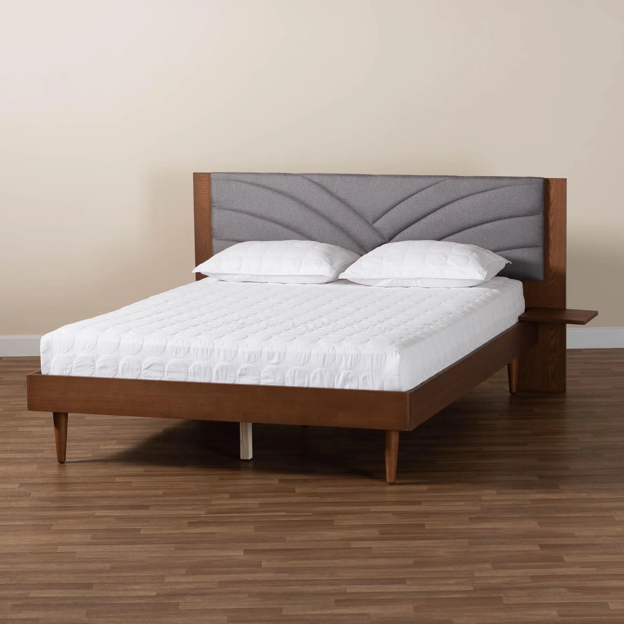 Baxton Studio Hemera Mid-Century Modern Grey Fabric and Walnut Brown Wood King Size Platform Bed With Floating Side Table - Image 2