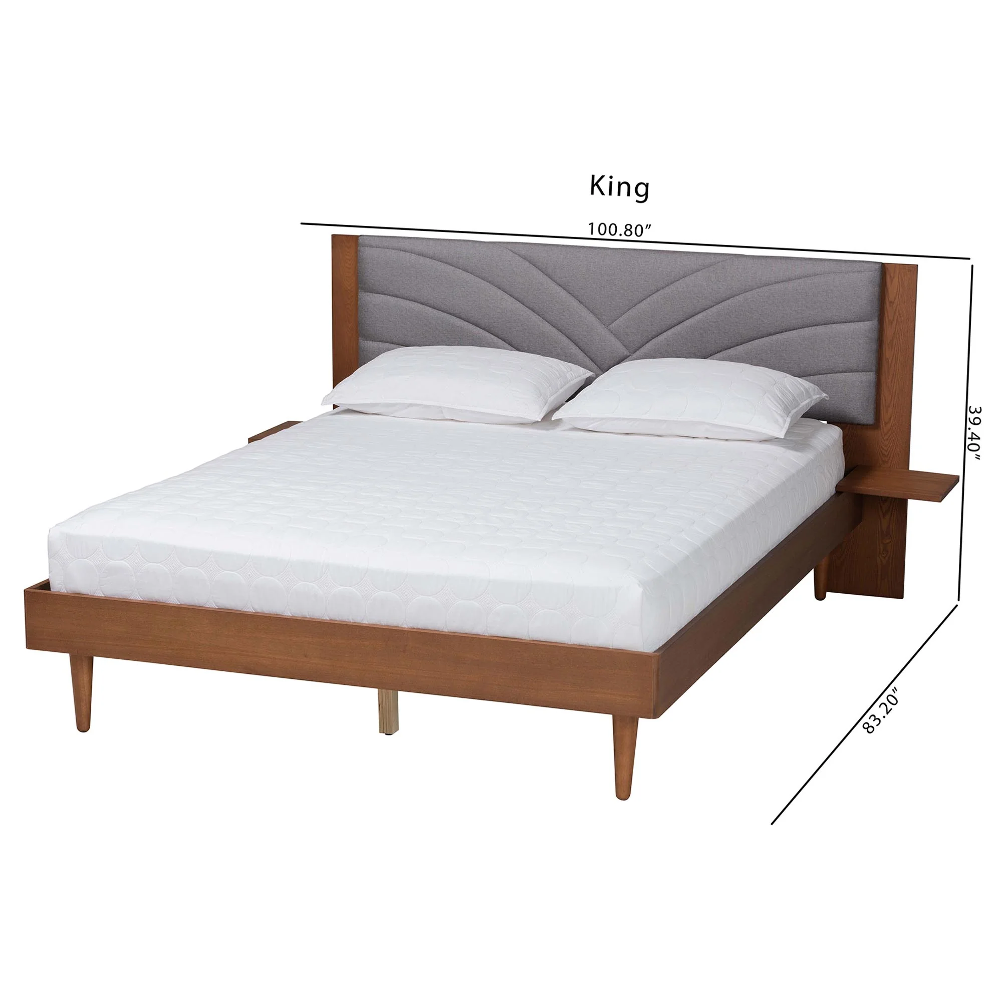 Baxton Studio Hemera Mid-Century Modern Grey Fabric and Walnut Brown Wood King Size Platform Bed With Floating Side Table - Image 4