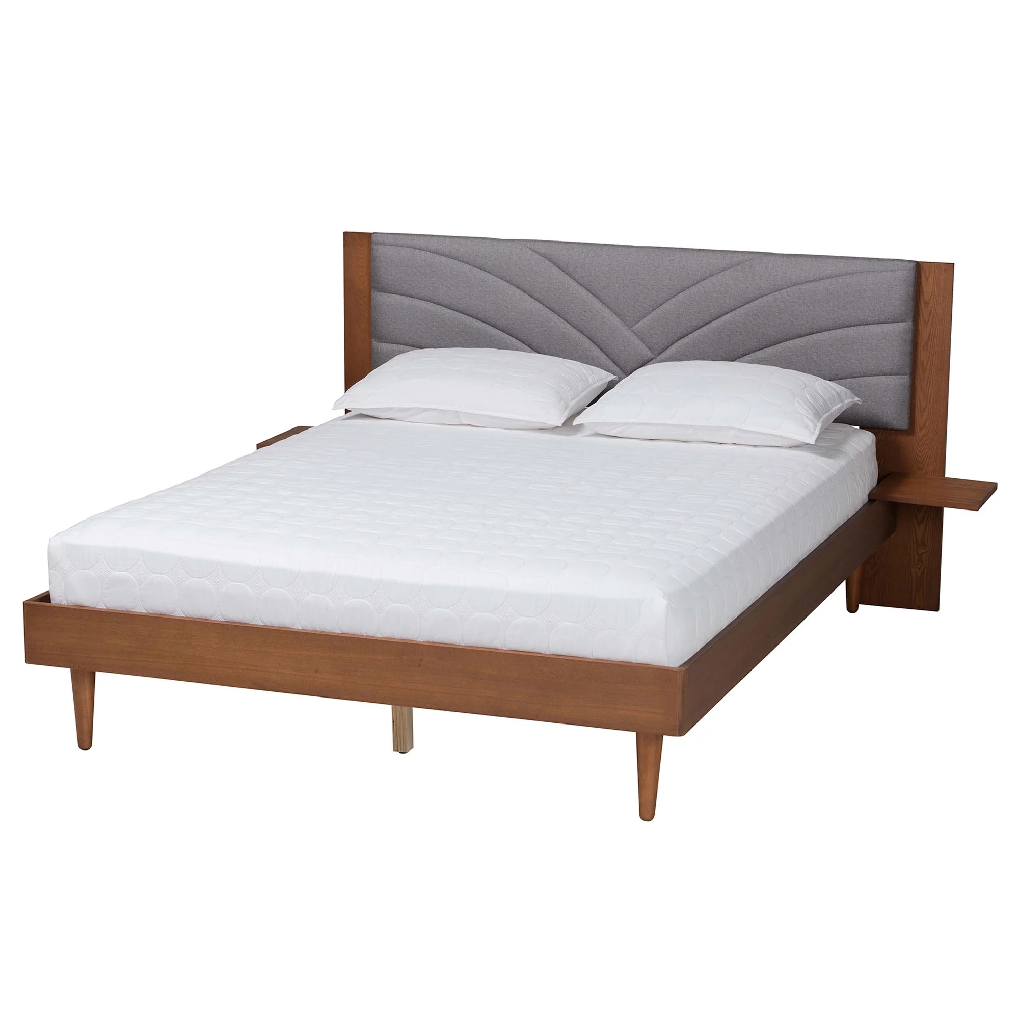 Baxton Studio Hemera Mid-Century Modern Grey Fabric and Walnut Brown Wood King Size Platform Bed With Floating Side Table - Image 5