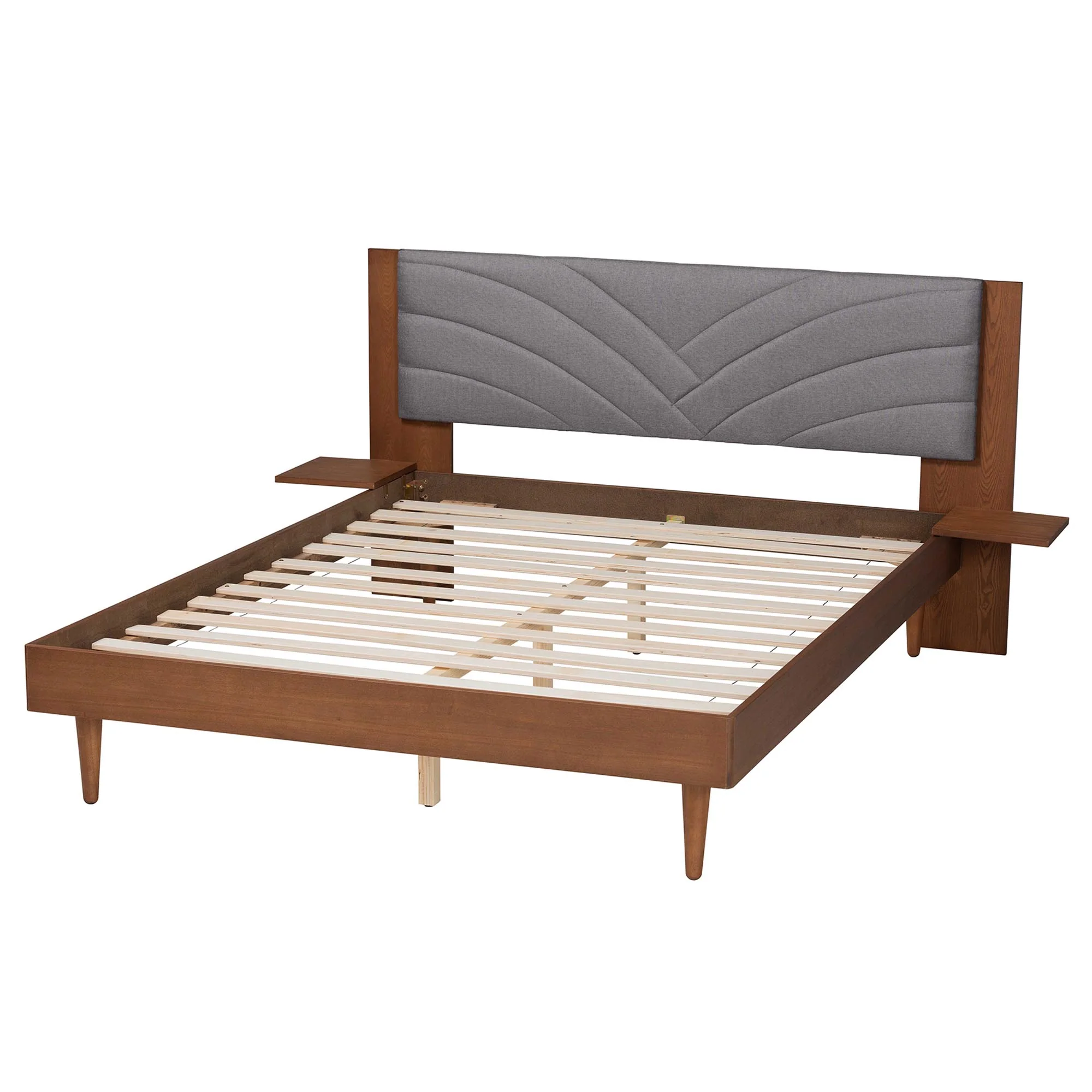 Baxton Studio Hemera Mid-Century Modern Grey Fabric and Walnut Brown Wood Queen Size Platform Bed With Floating Side Table - Image 7