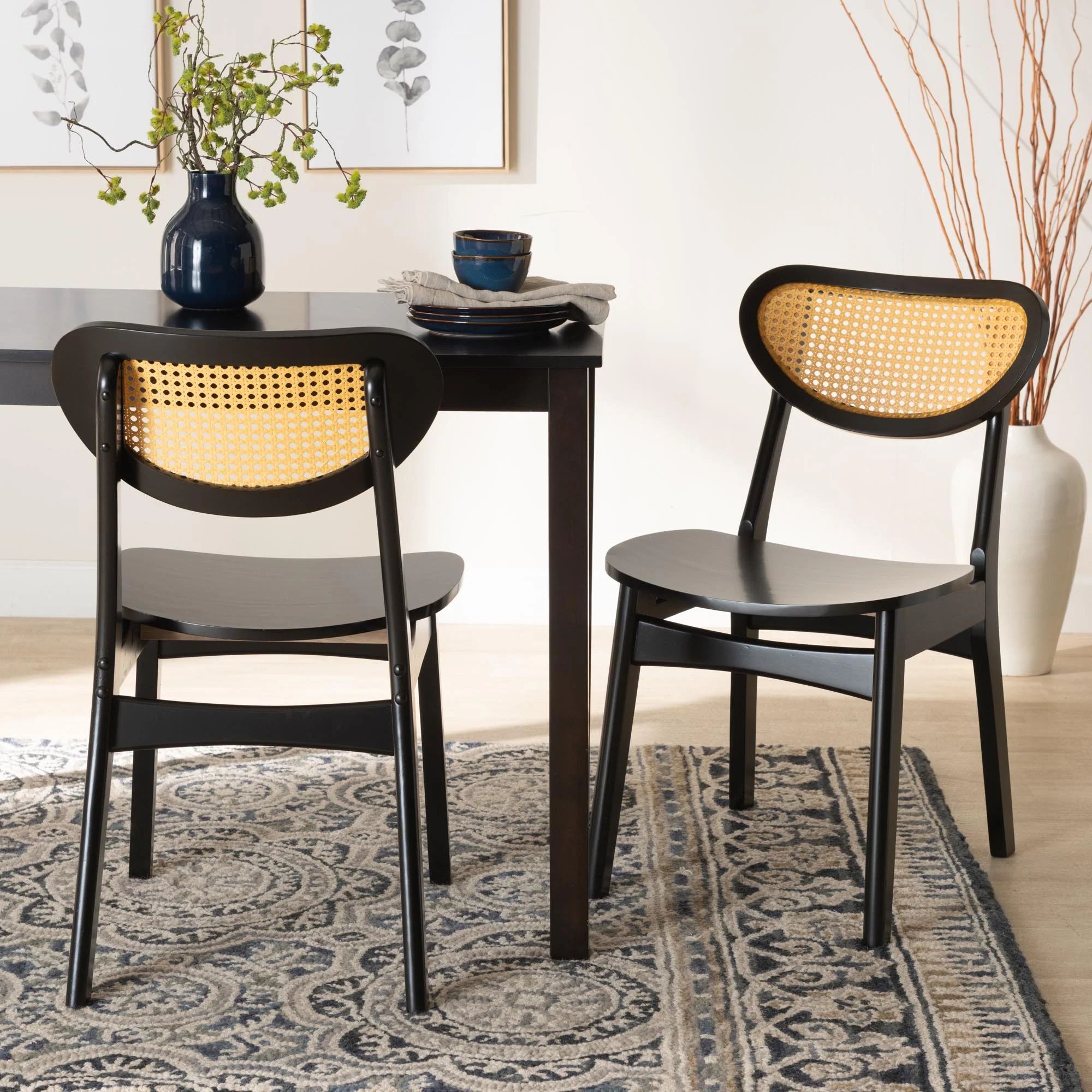 Baxton Studio Hesper Mid-Century Modern Dark Brown Finished Wood and Rattan 2-Piece Dining Chair Set