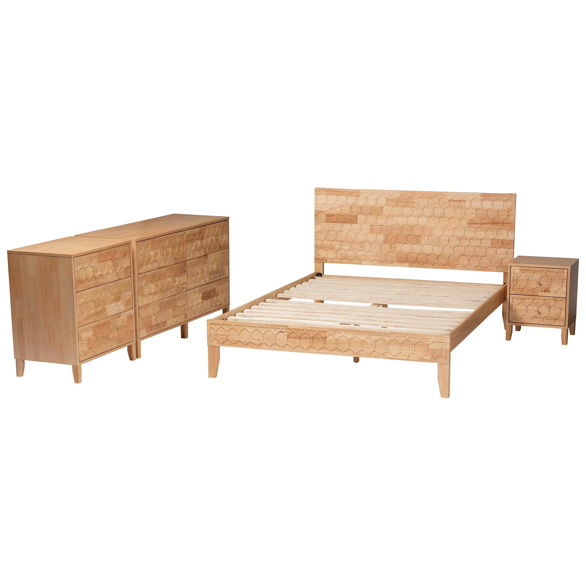 Baxton Studio Hosea Japandi Carved Honeycomb Natural King Size 4-Piece Bedroom Set - Image 7