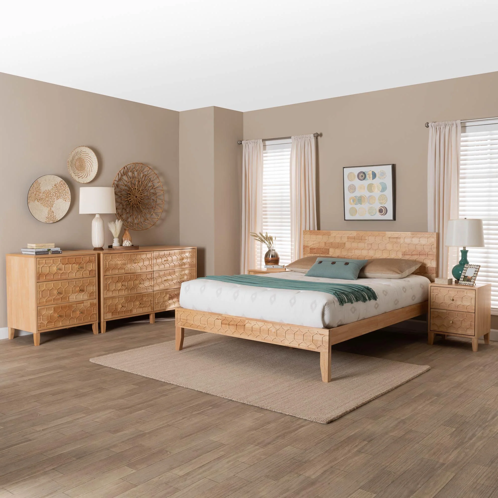 Baxton Studio Hosea Japandi Carved Honeycomb Natural Queen Size 5-Piece Bedroom Set