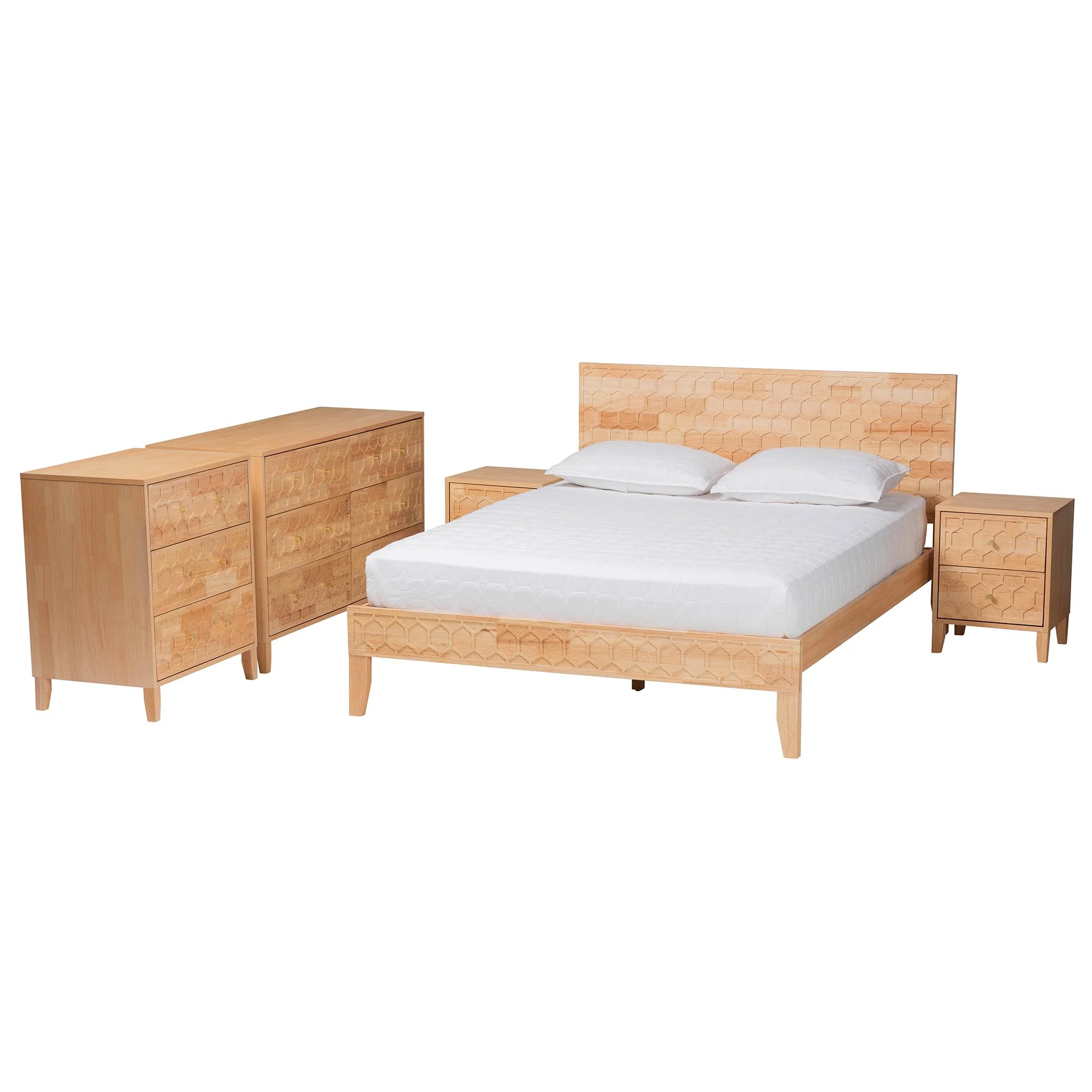Baxton Studio Hosea Japandi Carved Honeycomb Natural Queen Size 5-Piece Bedroom Set - Image 6