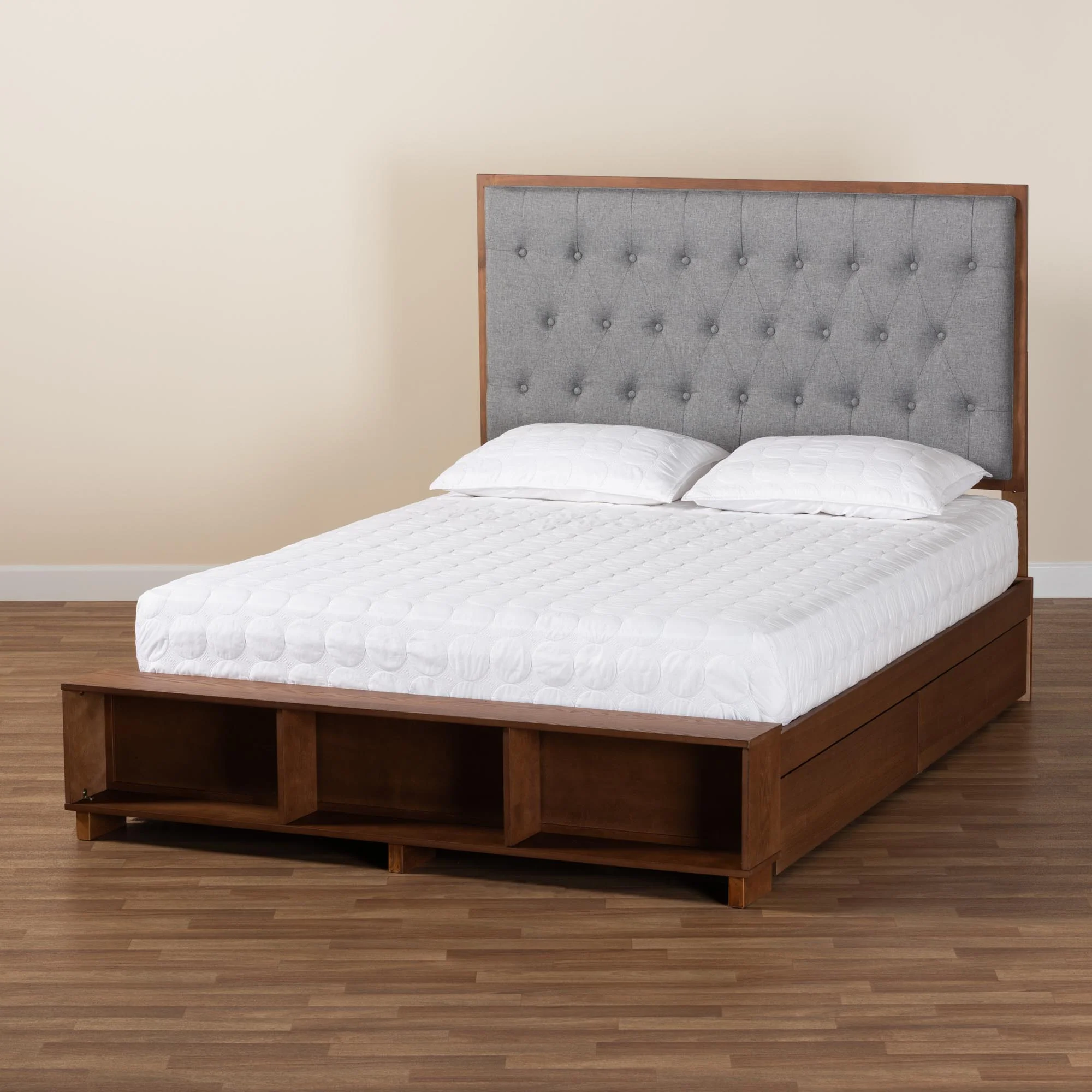 Baxton Studio Jalie Classic Transitional Grey Fabric and Walnut Brown Finished Wood King Size Platform Storage Bed - Image 4