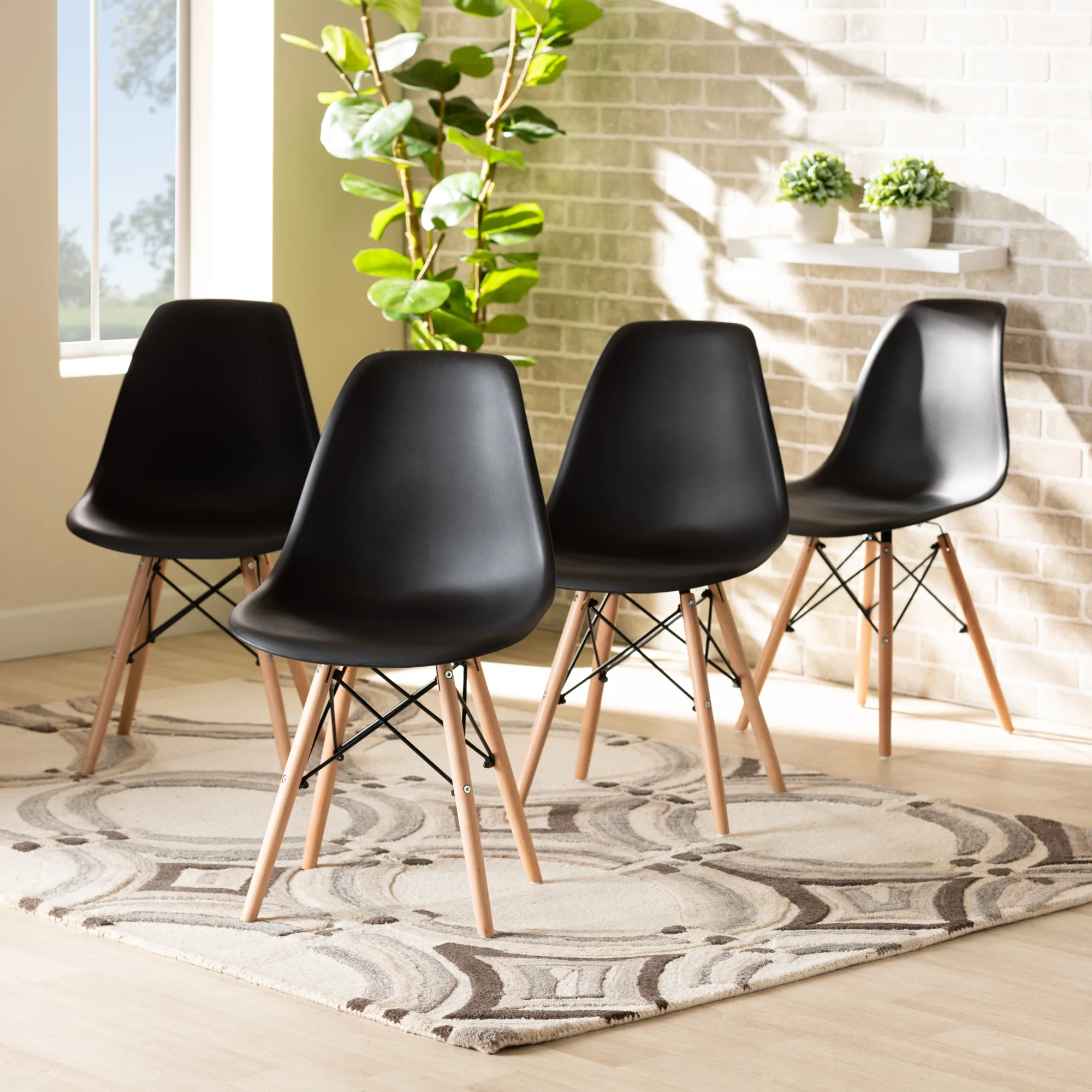 Baxton Studio Jaspen Modern and Contemporary Black Finished Polypropylene Plastic and Oak Brown Finished Wood 4-Piece Dining Chair Set