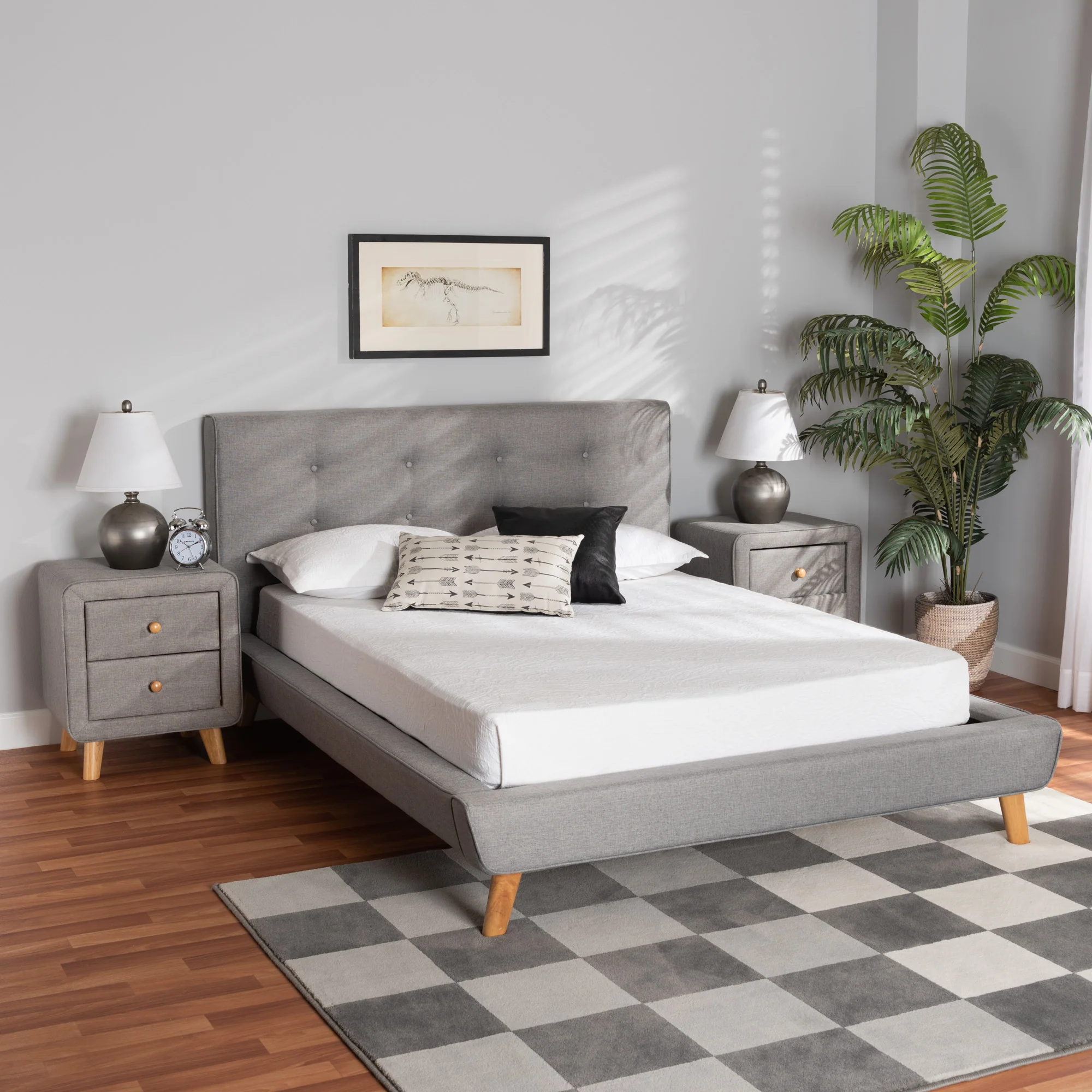 Baxton Studio Jonesy Mid-Century Modern Transitional Grey Fabric Upholstered Queen Size 3-Piece Bedroom Set
