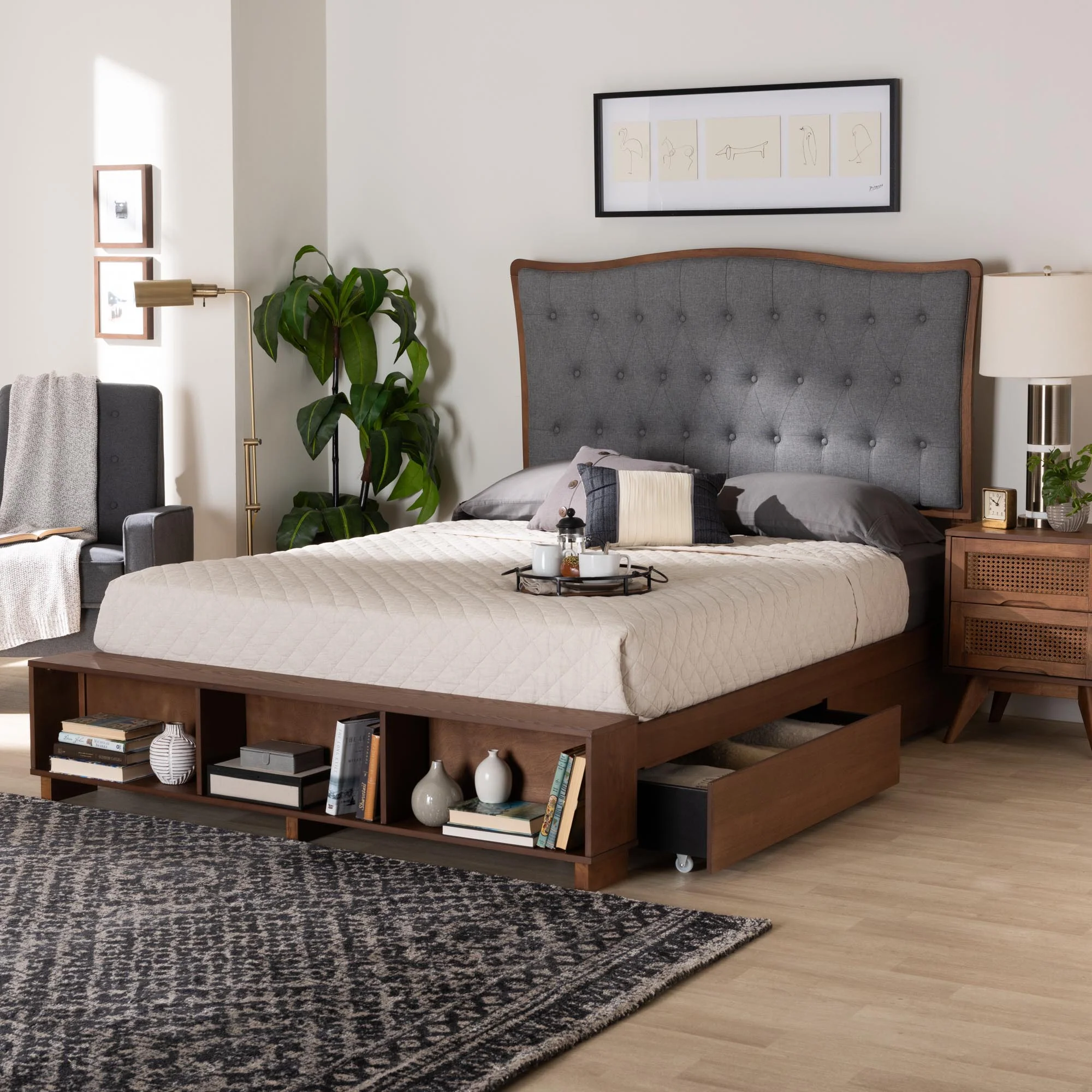 Baxton Studio Kalare Classic Transitional Grey Fabric and Walnut Brown Finished Wood King Size Platform Storage Bed - Image 9