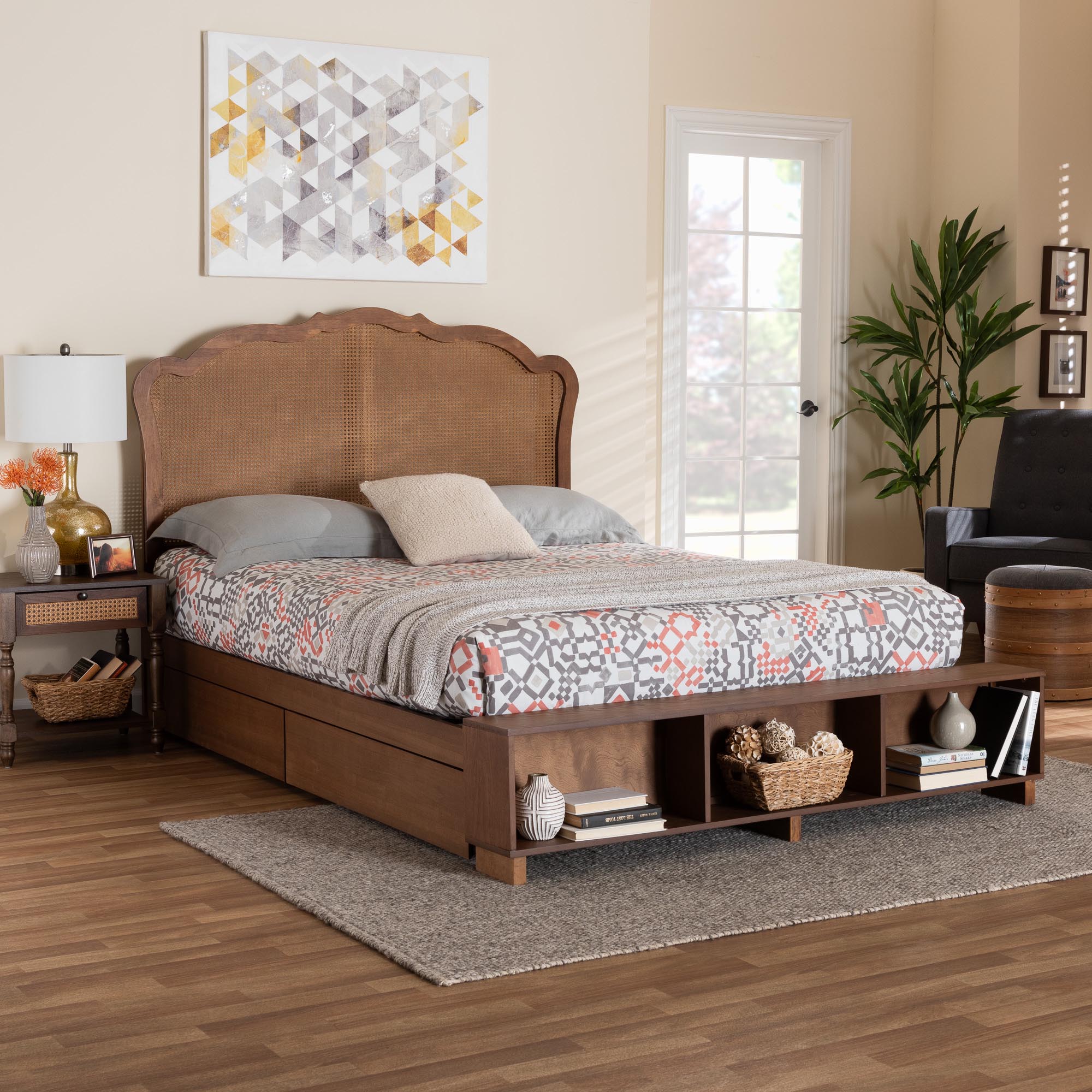 Baxton Studio Latrell Mid-Century Walnut Brown Wood and Rattan Queen Size Storage Bed