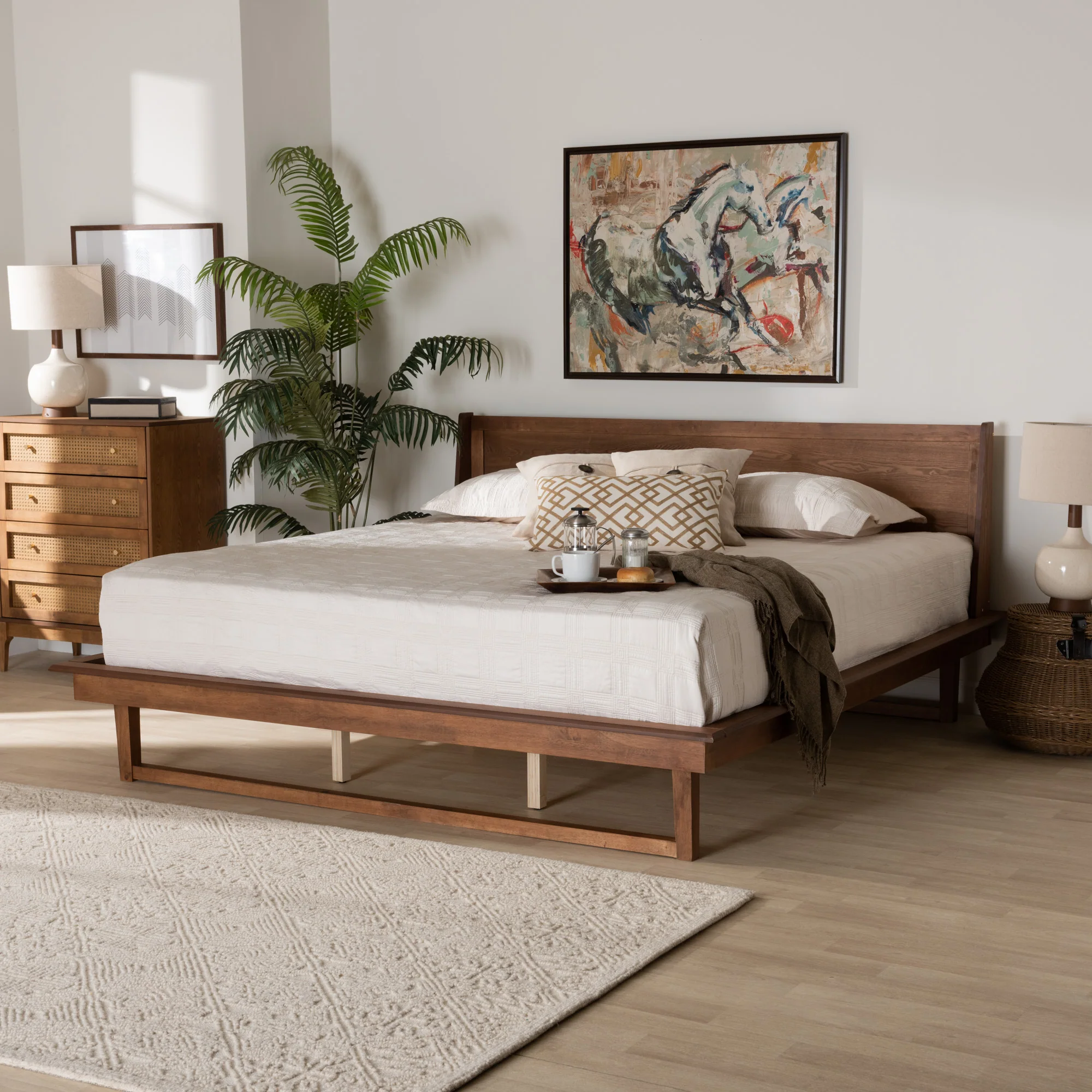 Baxton Studio Macayle Mid-Century Modern Ash Walnut Finished Wood Queen Size Platform Bed