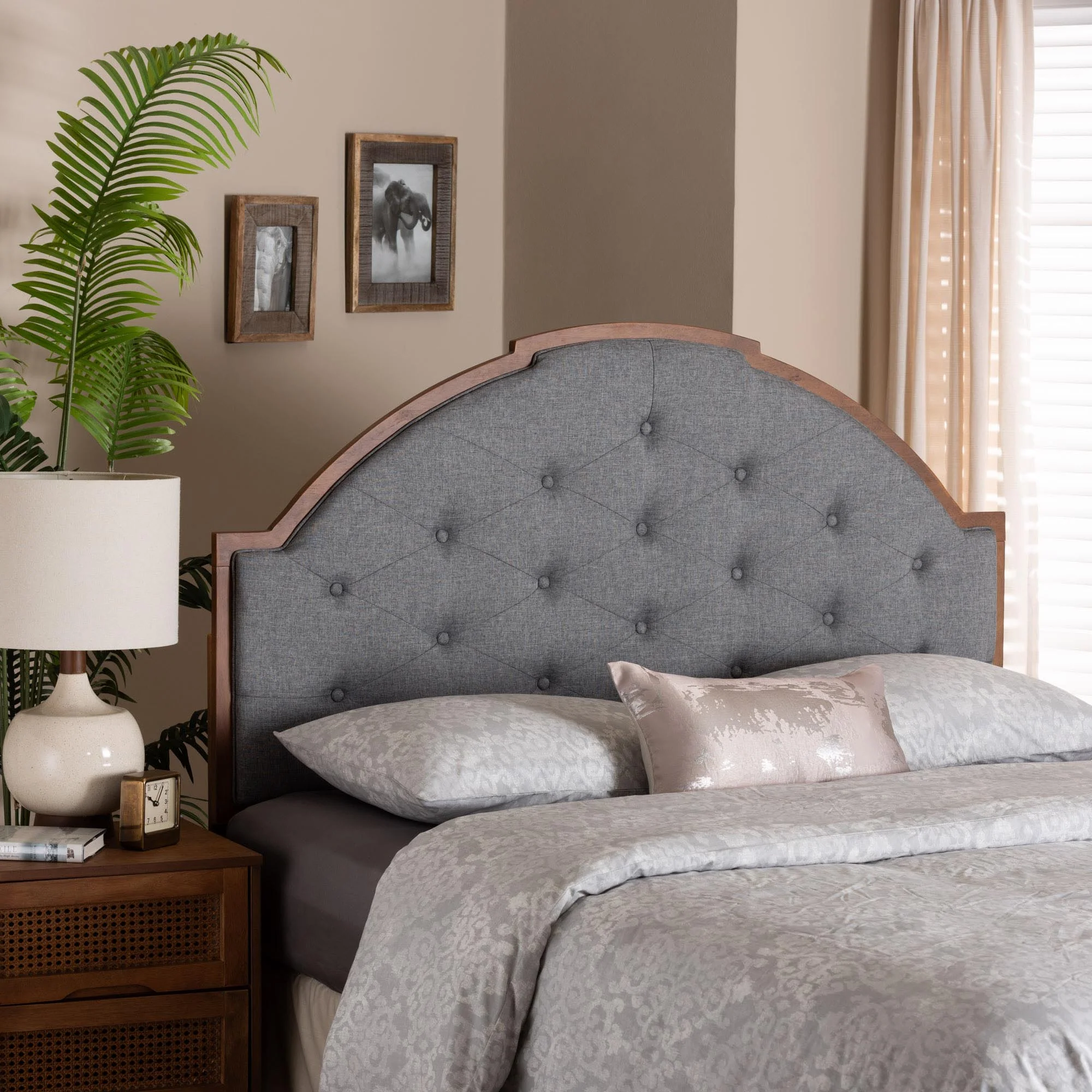 Baxton Studio Madeline Classic and Traditional Grey Fabric and Walnut Brown Finished Wood Queen Size Headboard