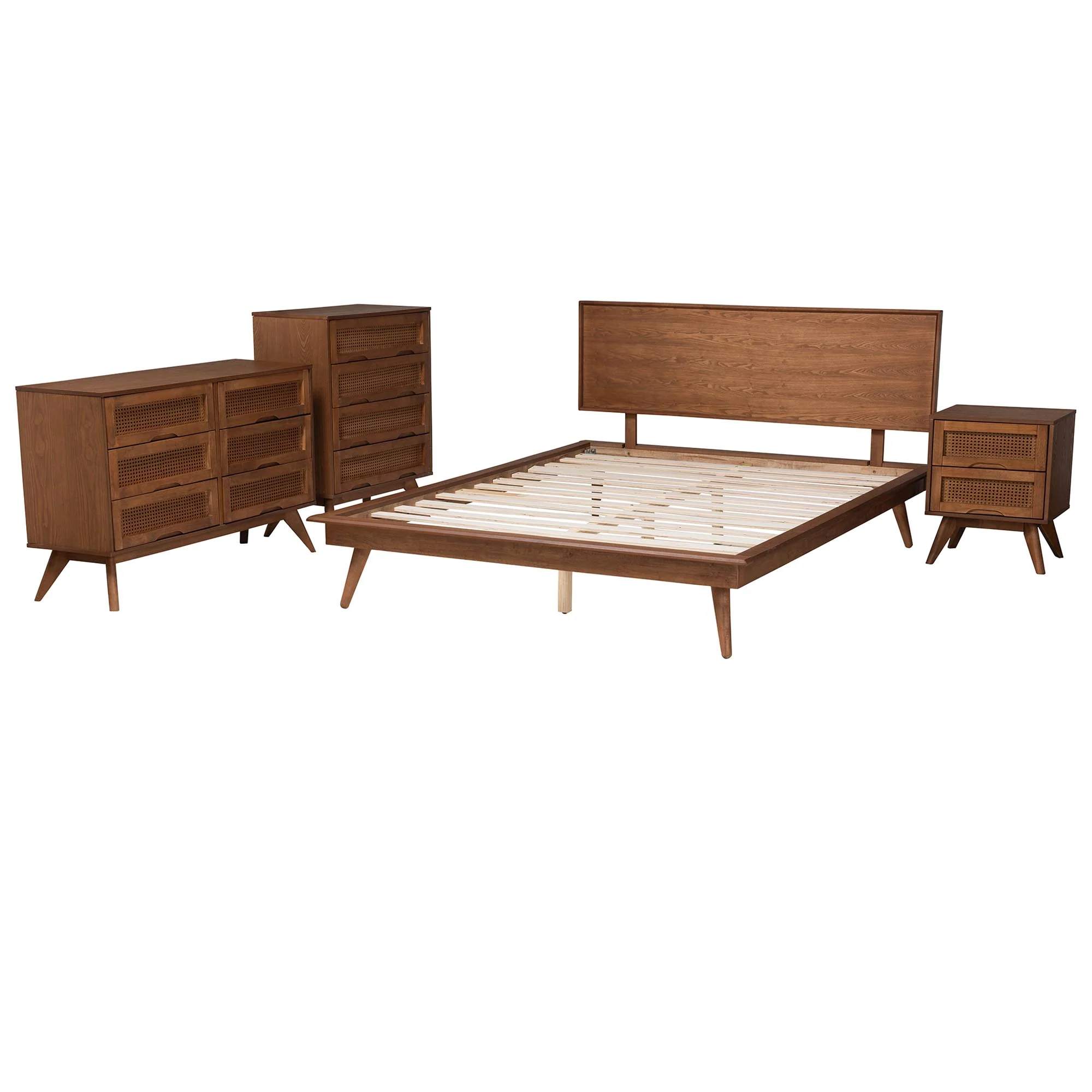 Baxton Studio Melora Mid-Century Modern Walnut Brown Finished Wood and Rattan Queen Size 4-Piece Bedroom Set - Image 7