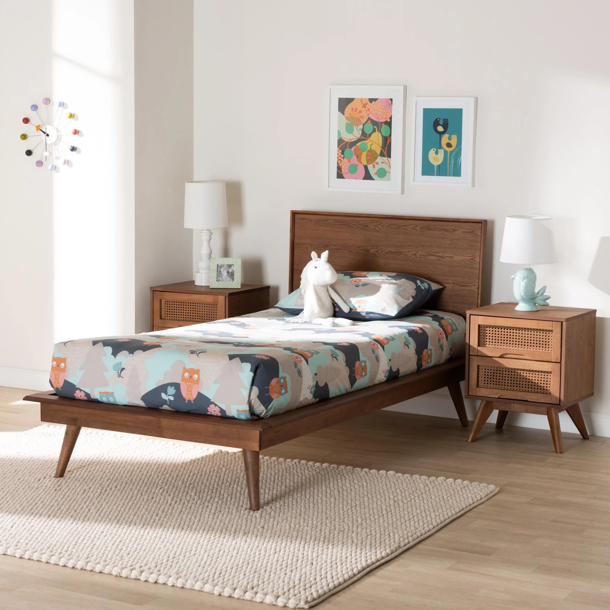 Baxton Studio Melora Mid-Century Modern Walnut Brown Finished Wood and Rattan Twin Size 3-Piece Bedroom Set