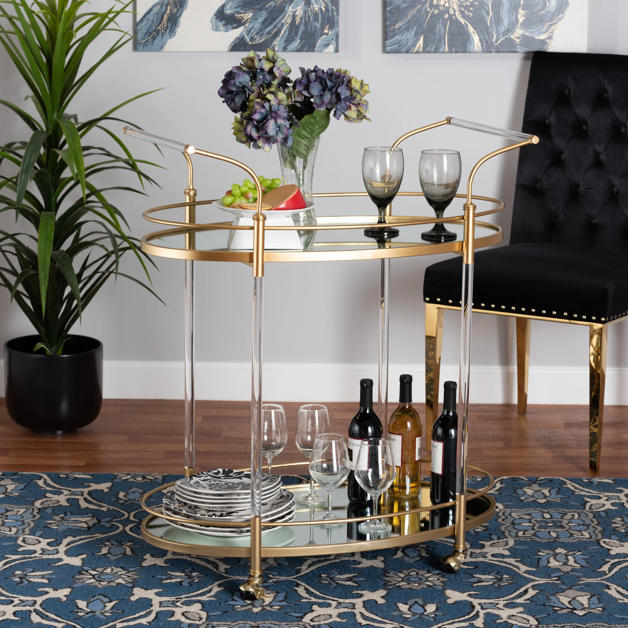 Baxton Studio Nakano Contemporary Glam and Luxe Gold Metal and Mirrored Glass 2-Tier Wine Cart