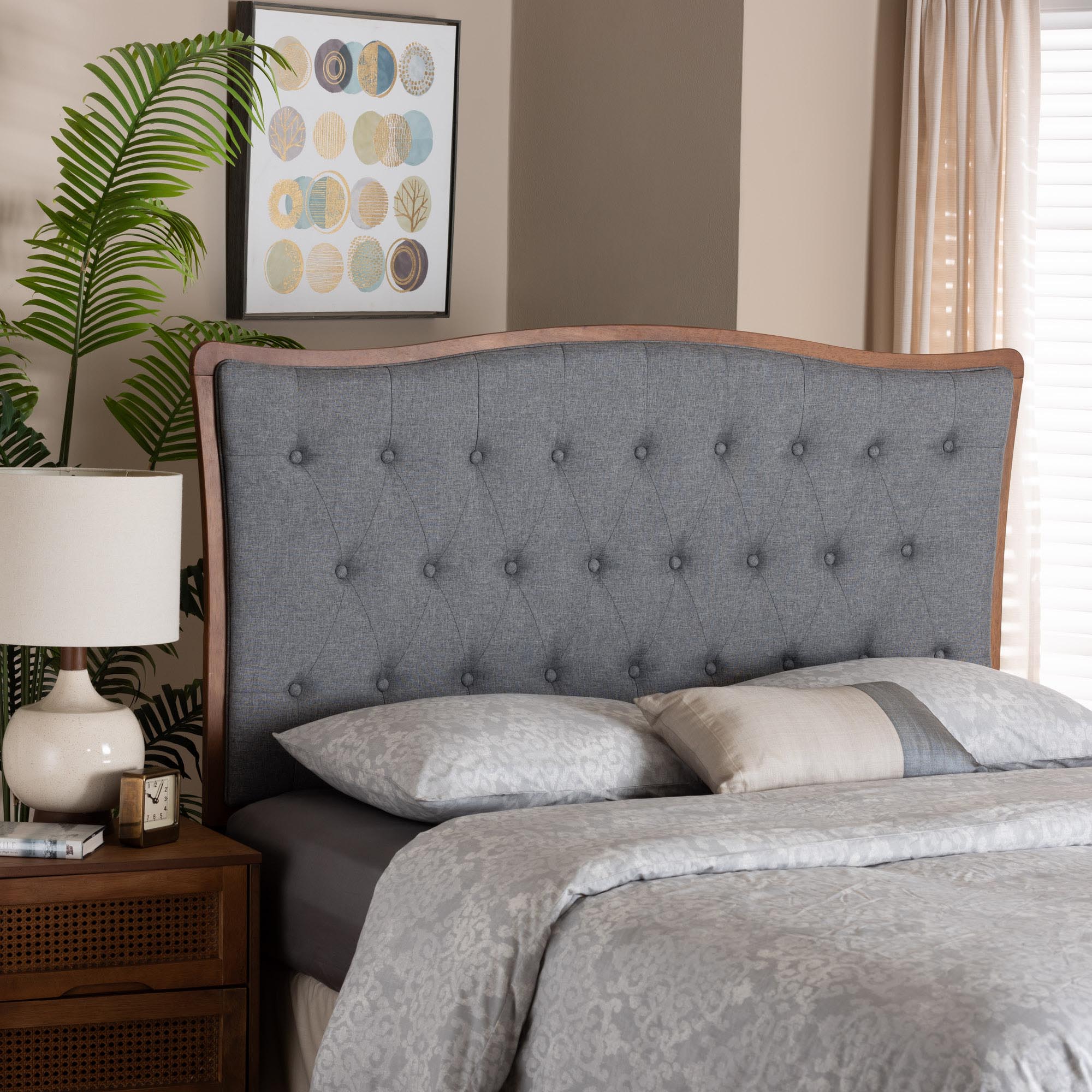 Baxton Studio Nikita Classic and Traditional Grey Fabric and Walnut Brown Finished Wood Queen Size Headboard