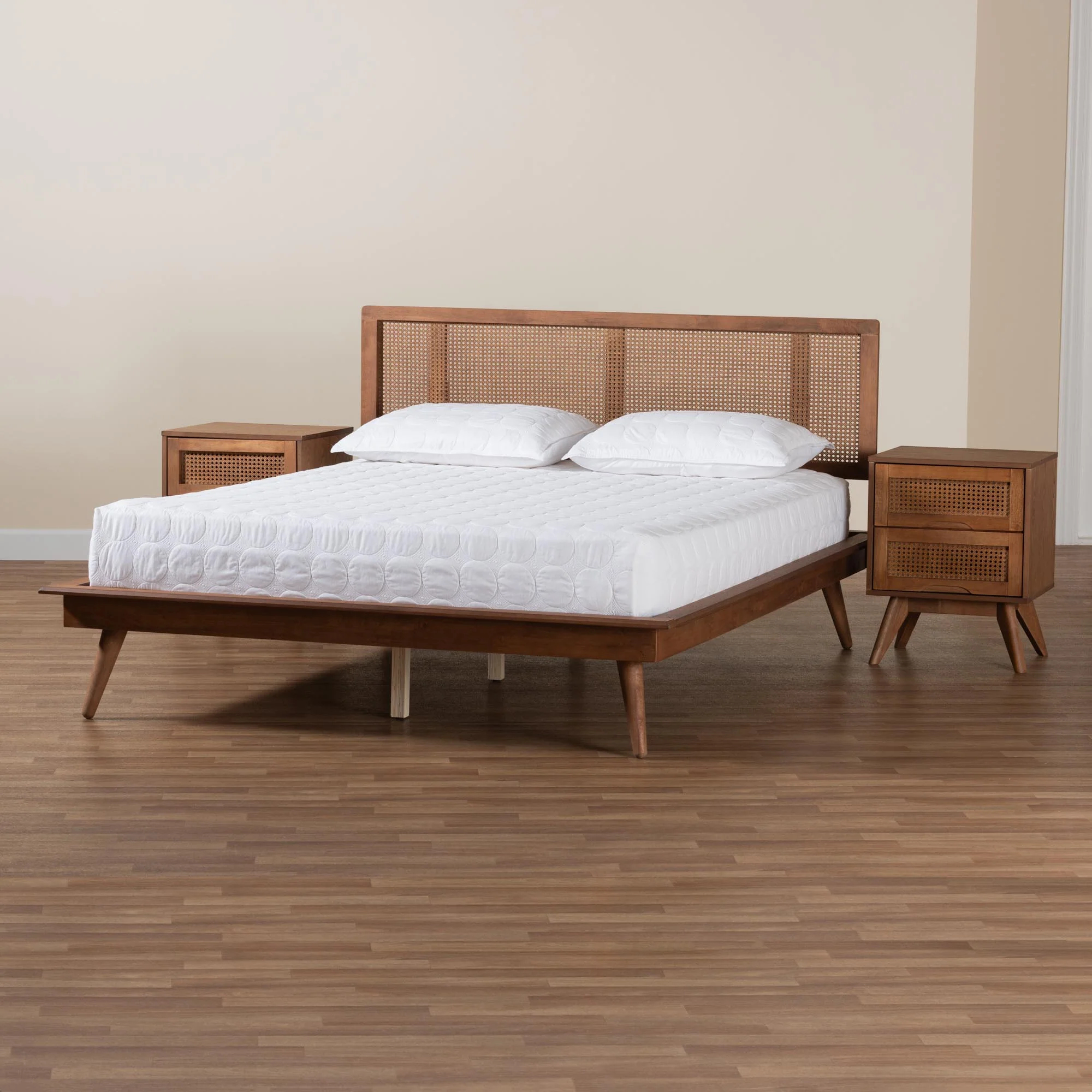 Baxton Studio Nura Mid-Century Modern Walnut Brown Finished Wood and Rattan Full Size 3-Piece Bedroom Set - Image 4