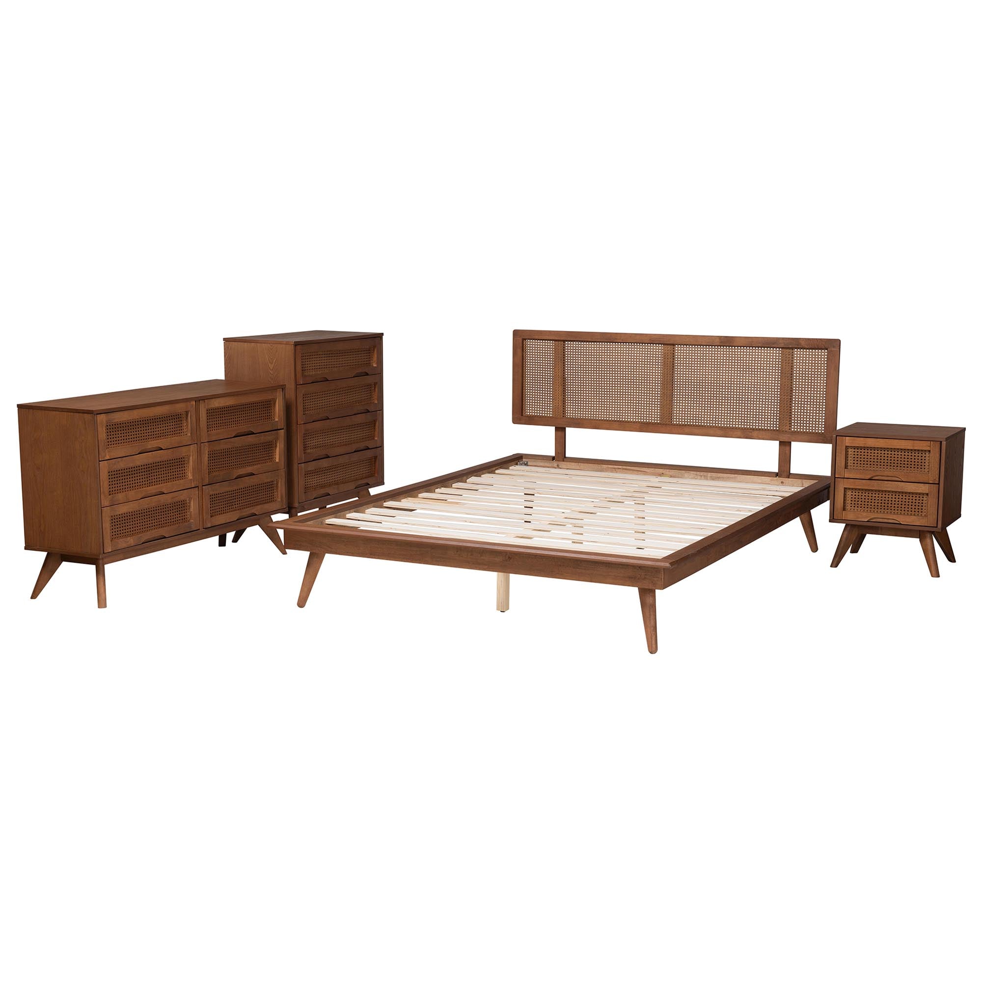 Baxton Studio Nura Mid-Century Modern Walnut Brown Finished Wood and Rattan Full Size 4-Piece Bedroom Set - Image 7