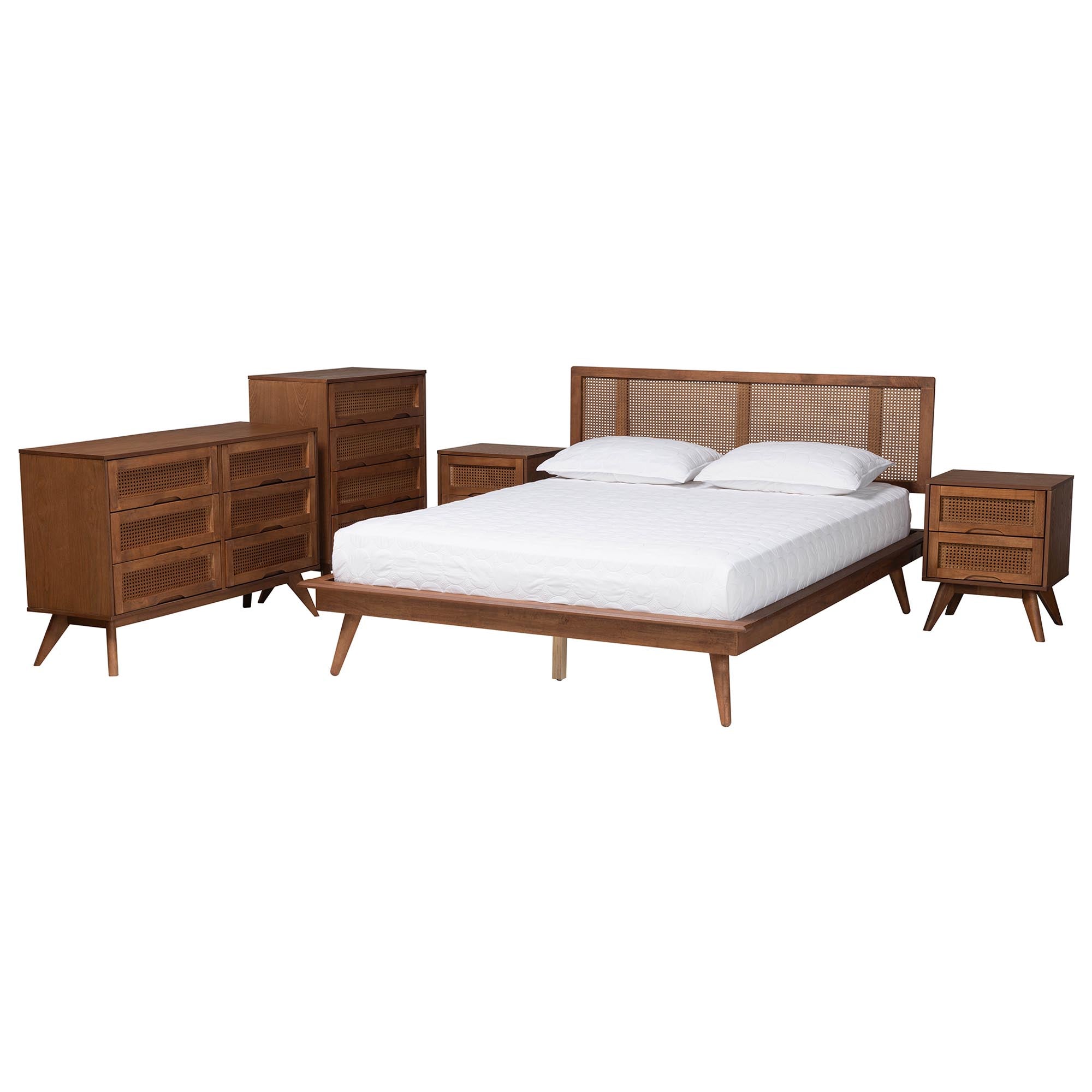 Baxton Studio Nura Mid-Century Modern Walnut Brown Finished Wood and Rattan Full Size 5-Piece Bedroom Set - Image 6