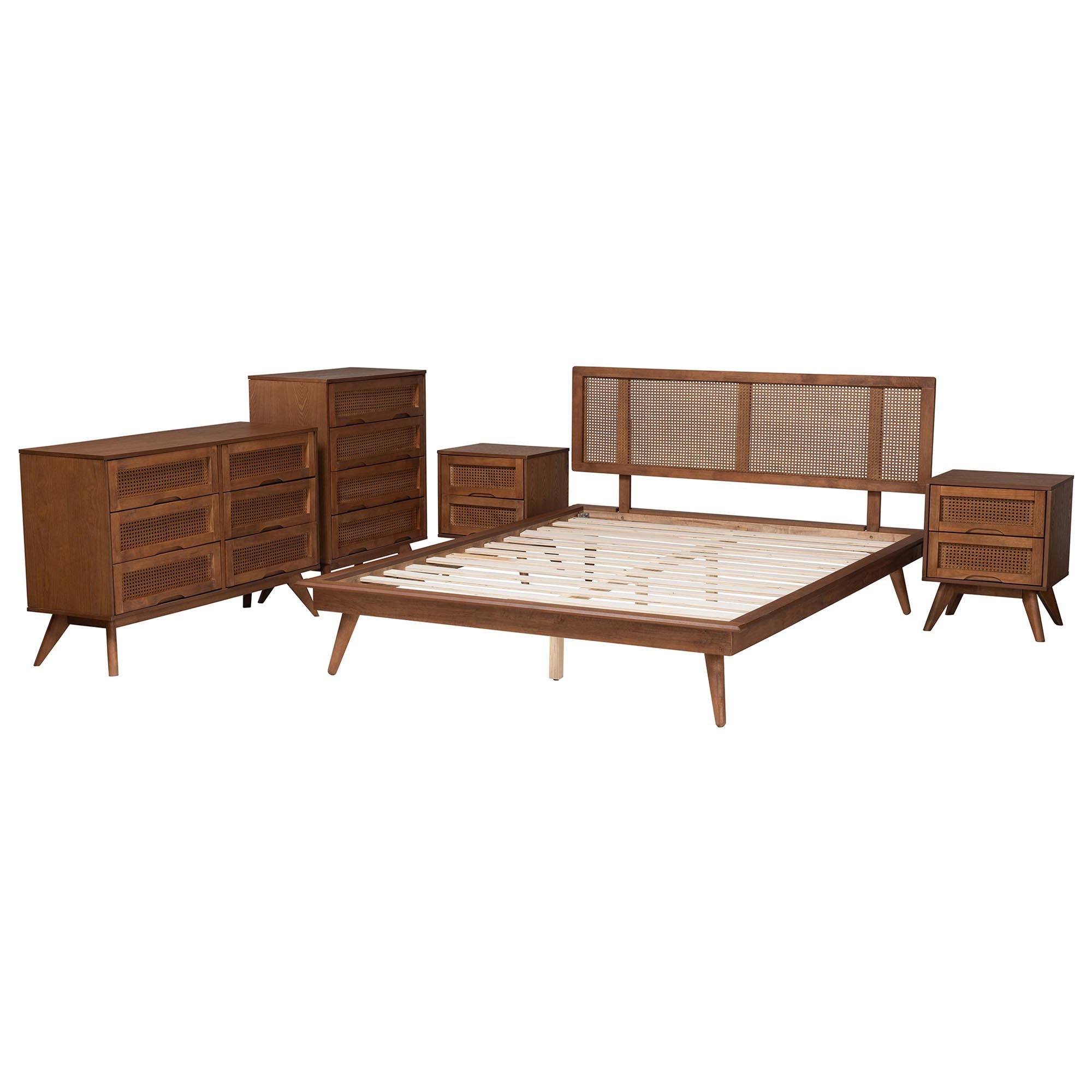 Baxton Studio Nura Mid-Century Modern Walnut Brown Finished Wood and Rattan Full Size 5-Piece Bedroom Set - Image 7