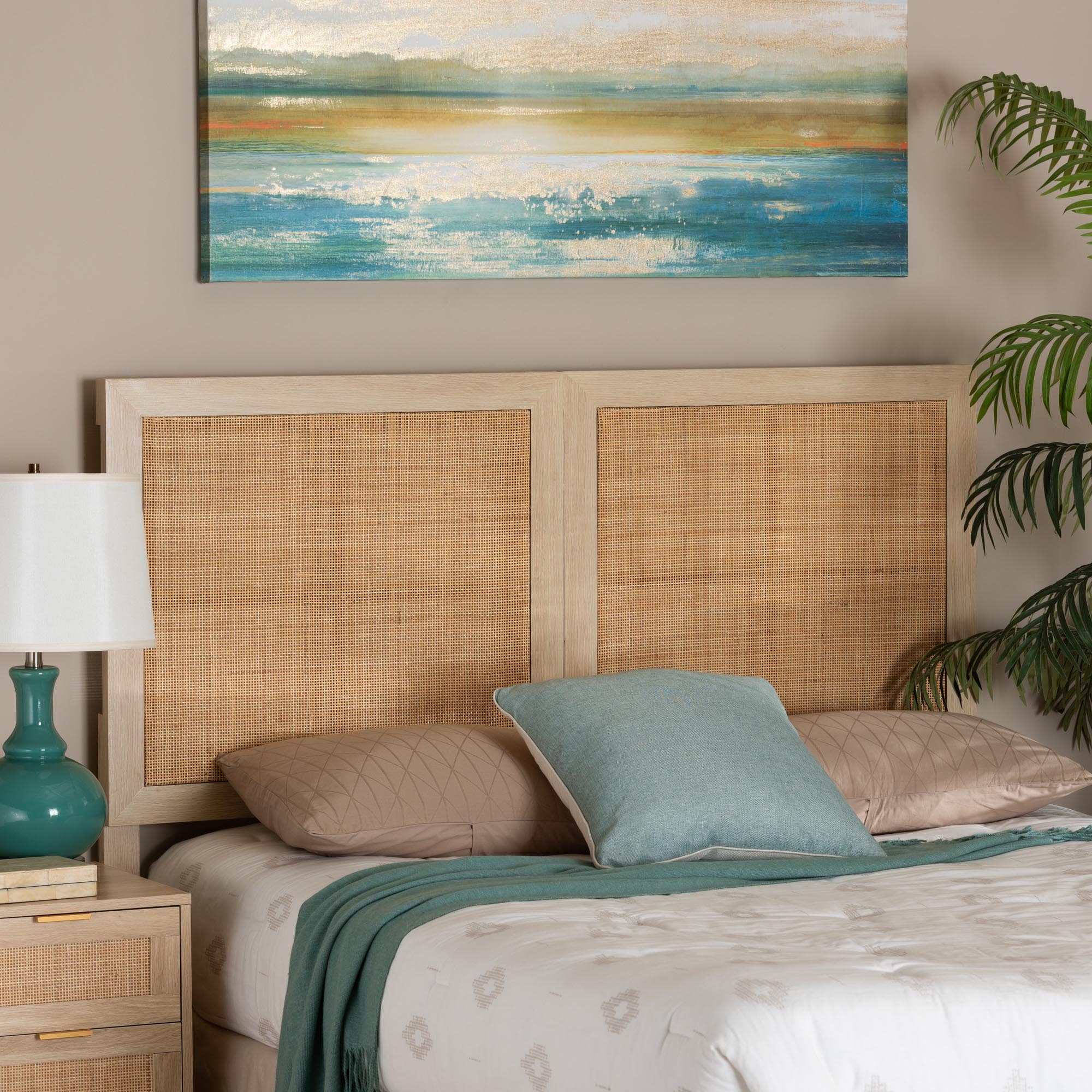 Baxton Studio Oline Modern Bohemian Light Brown Finished Wood and Natural Rattan Queen Size Headboard