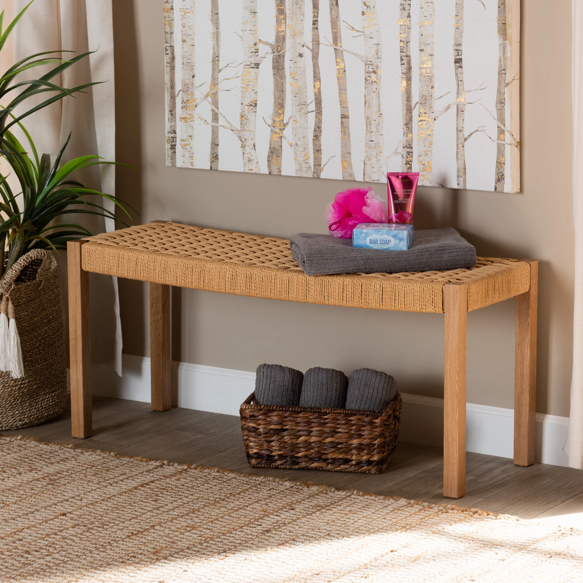 Baxton Studio Pacari Rustic Transitional Oak Brown Finished Wood and Hemp Accent Bench