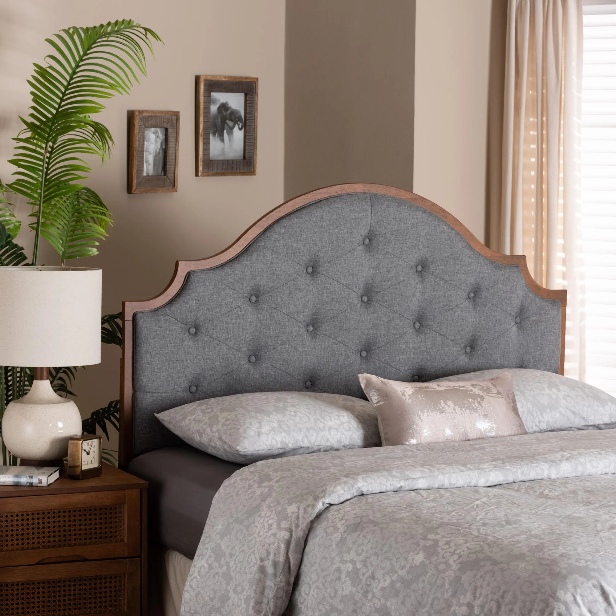 Baxton Studio Premala Classic and Traditional Grey Fabric and Walnut Brown Finished Wood King Size Headboard
