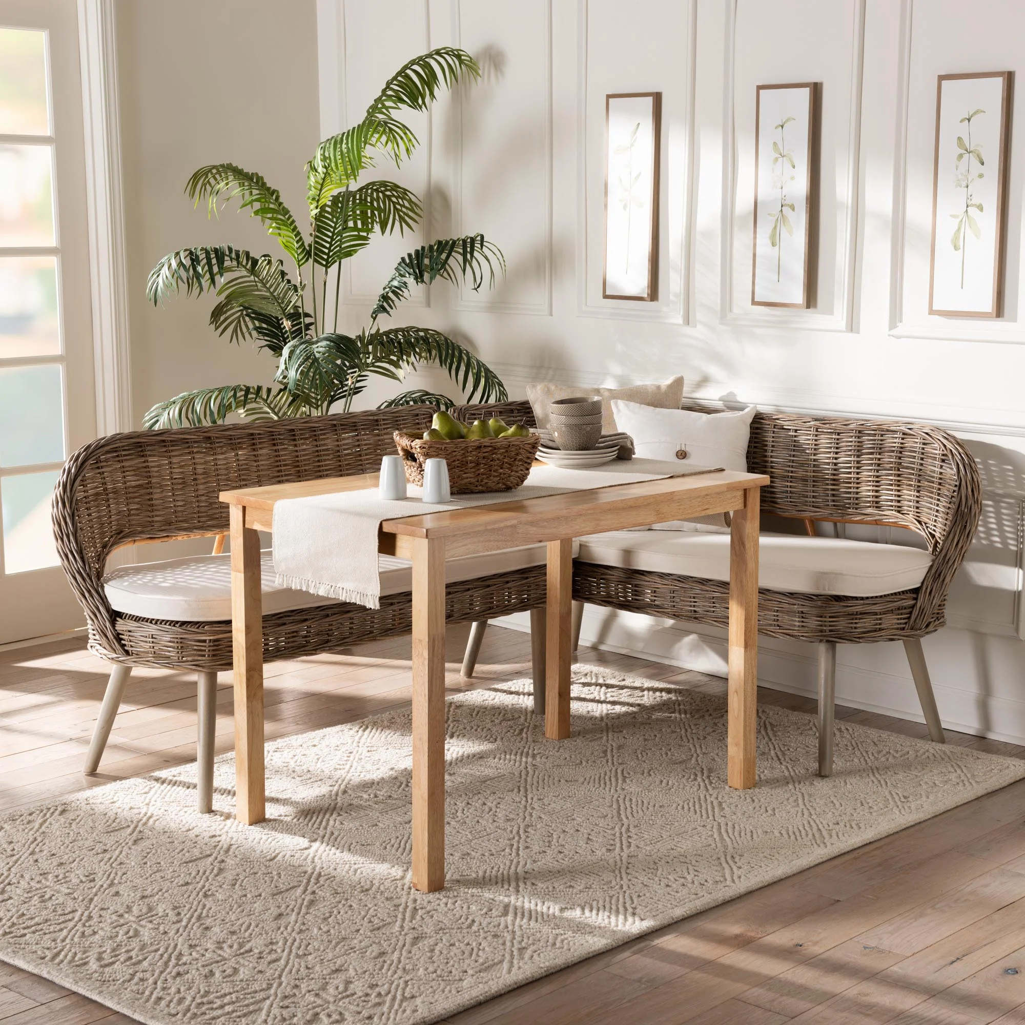 Baxton Studio Raisa Modern Bohemian Natural Kubu Rattan Bench and Wood Table 3-Piece Dining Nook Set